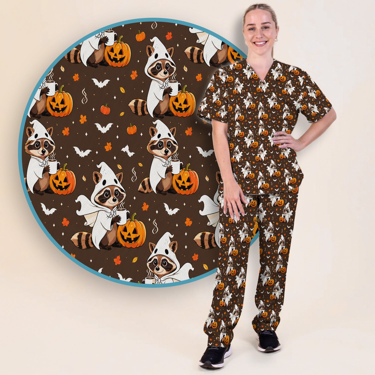 Halloween Ghost Raccoon Pumpkin Scrub Set, Scrub Pants and V Neck Top