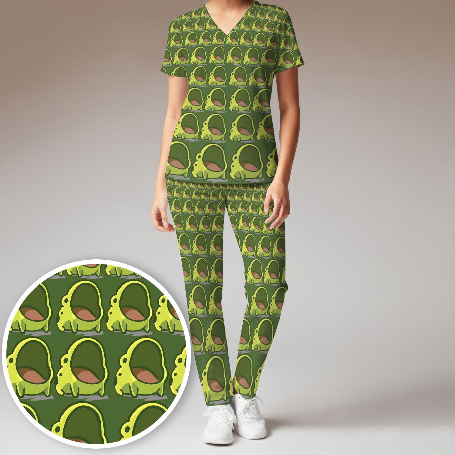 Cute Green Frog Cartoon Print Scrub Set, Scrub Pants and V Neck Top