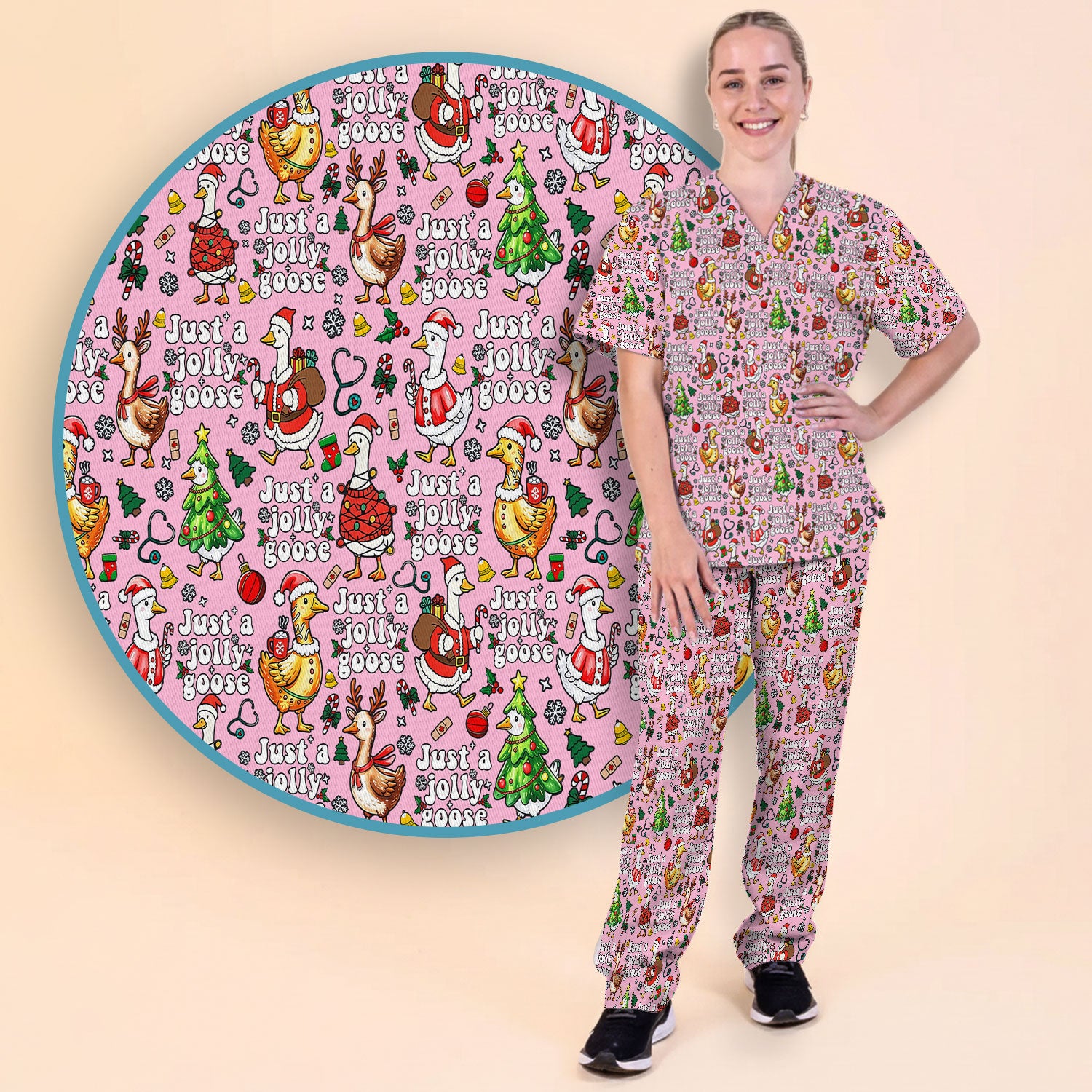 Christmas Goose Scrub Set for Nurse - Funny Jolly Holiday Medical Uniform for Women