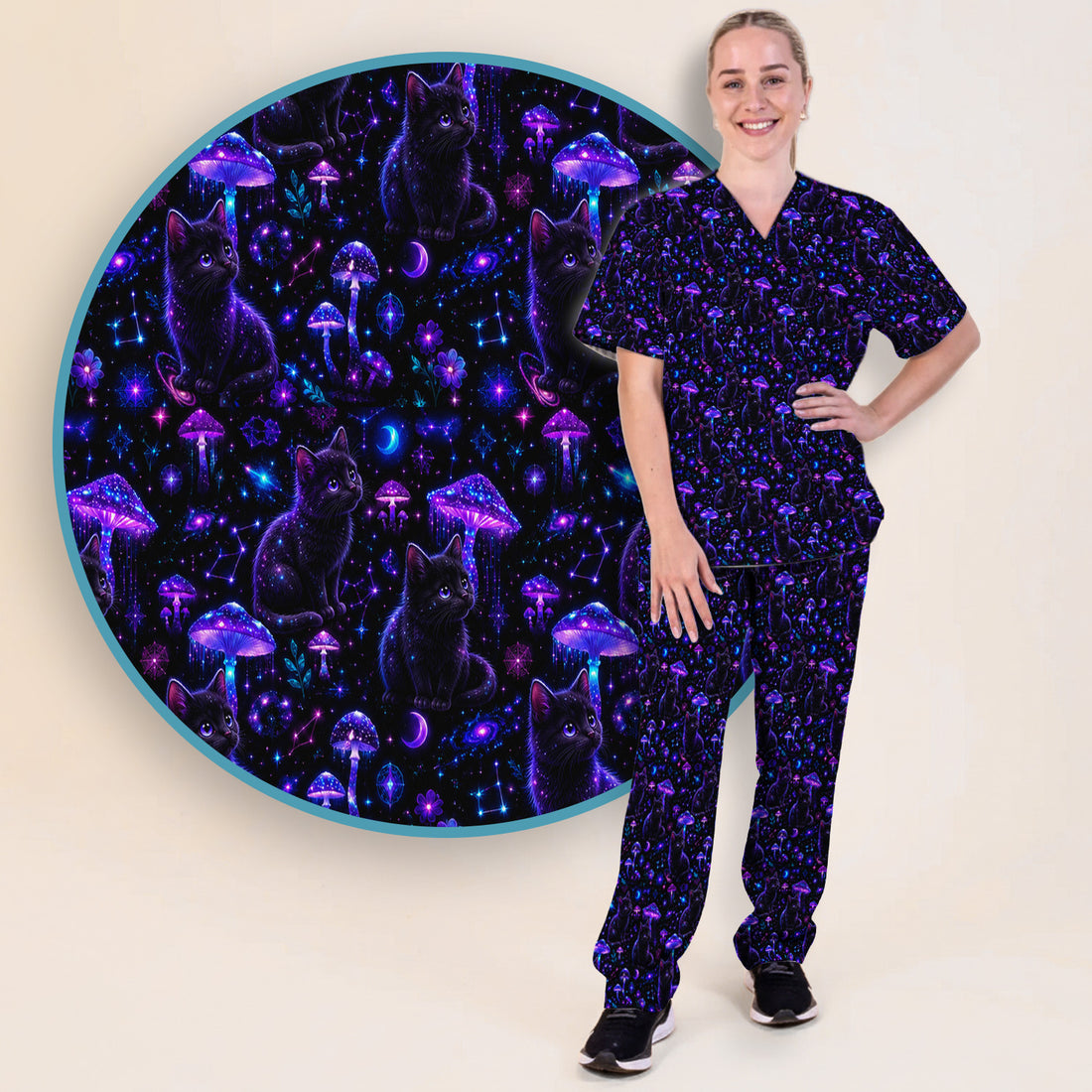 Mystical Black Cat Neon Mushroom Print Scrub Set, Scrub Pants and V Neck Top