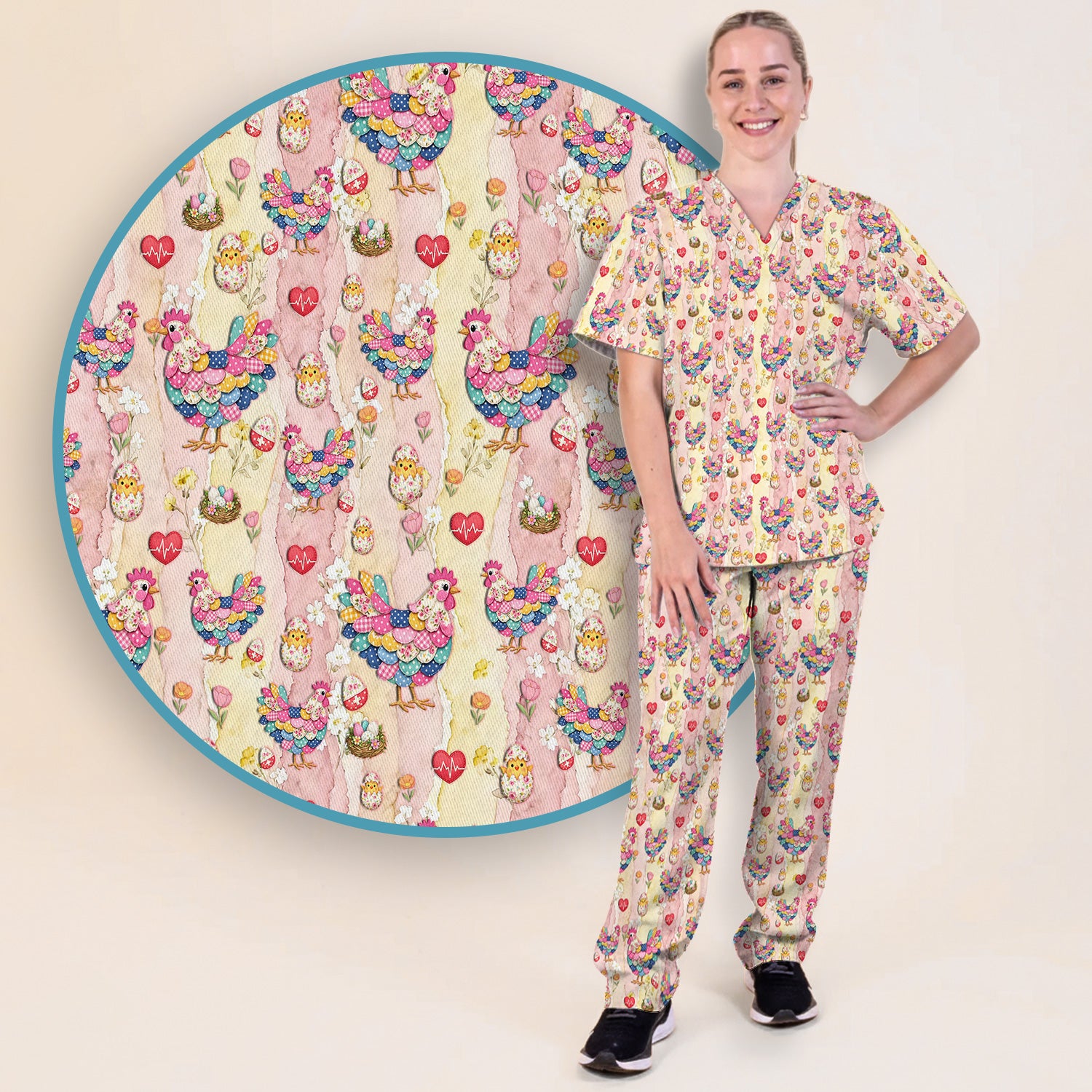 Colorful Chicken Easter Eggs Heart Pattern Scrub Sets, Breathable Med Uniform