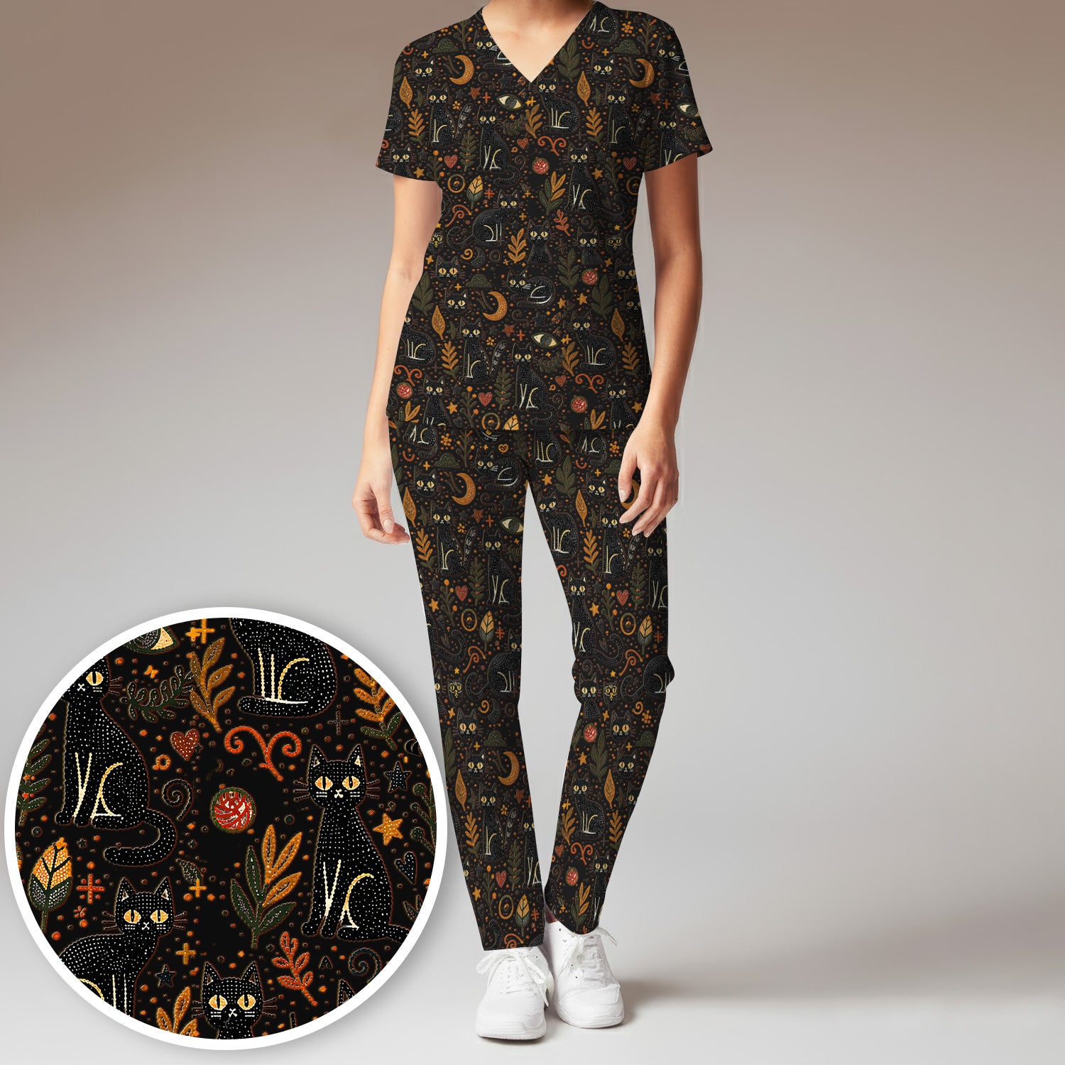 Mystic Black Cat Celestial Doodle Pattern Scrub Set, Scrub Pants and V Neck Top