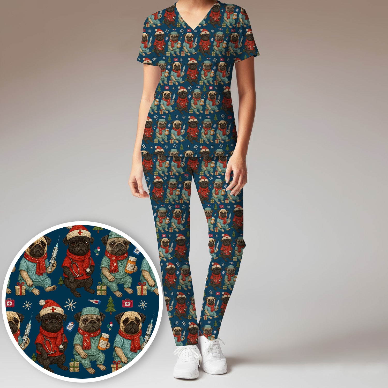 Christmas Pug Nurse Scrub Set, Cute Holiday Dog Medical Uniform Shirt For Nursing