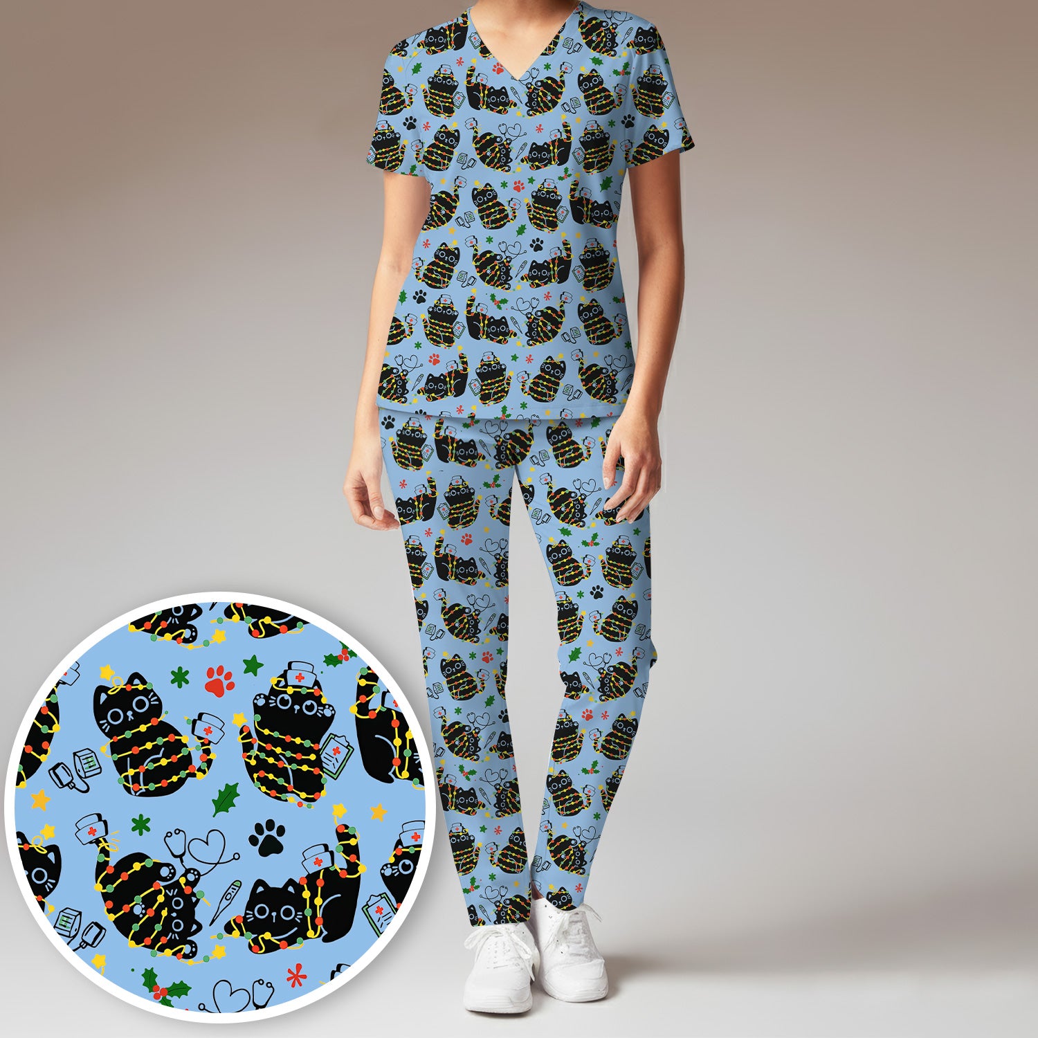 Black Cat Christmas Scrub Set – Nurse & Holiday Lights Pattern Shirt – Cute Medical Uniform For Nursing