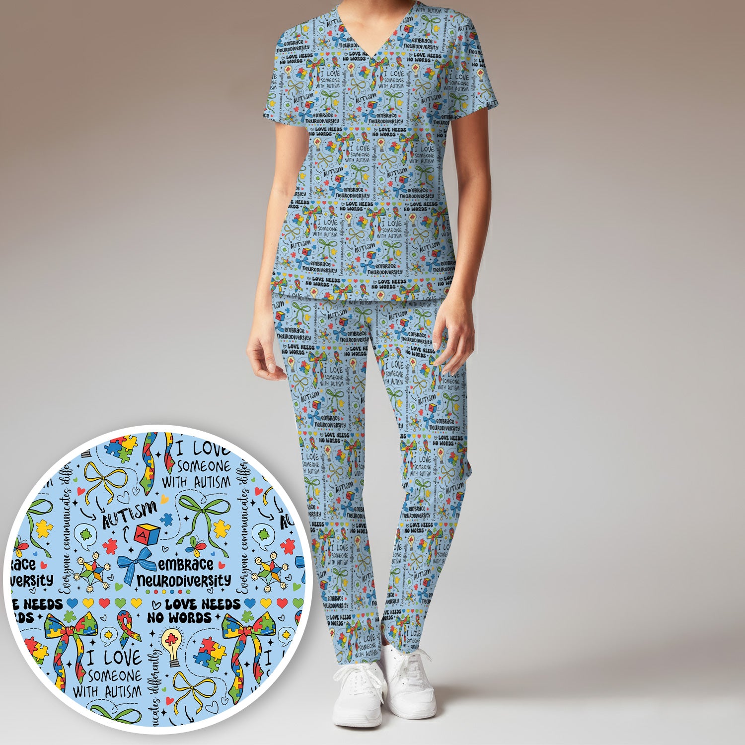 Autism Awareness Puzzle Ribbon Pattern Scrub Set, Scrub Pants and V Neck Top