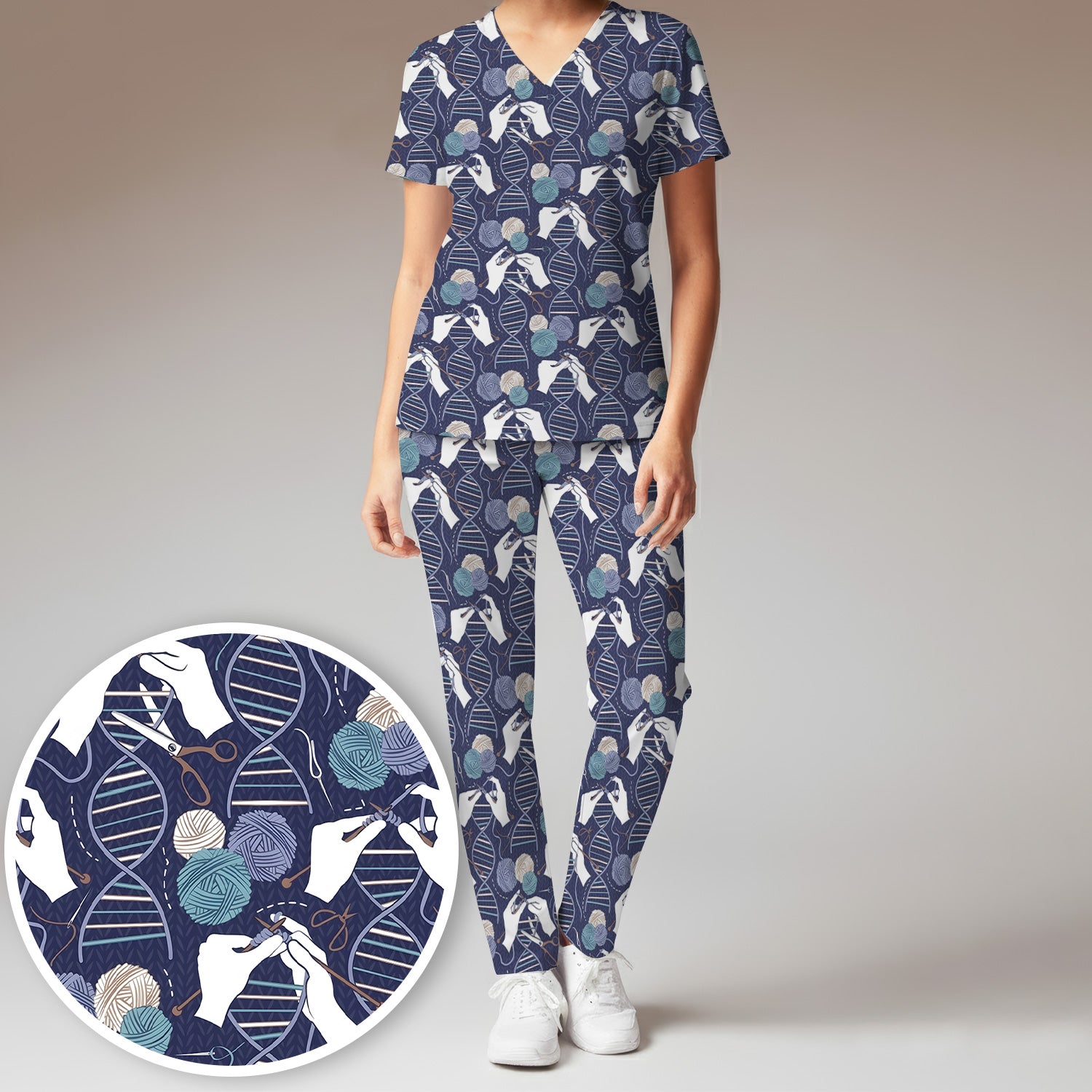 DNA Helix Yarn Pattern Scrub Set, Scrub Pants and V Neck Top
