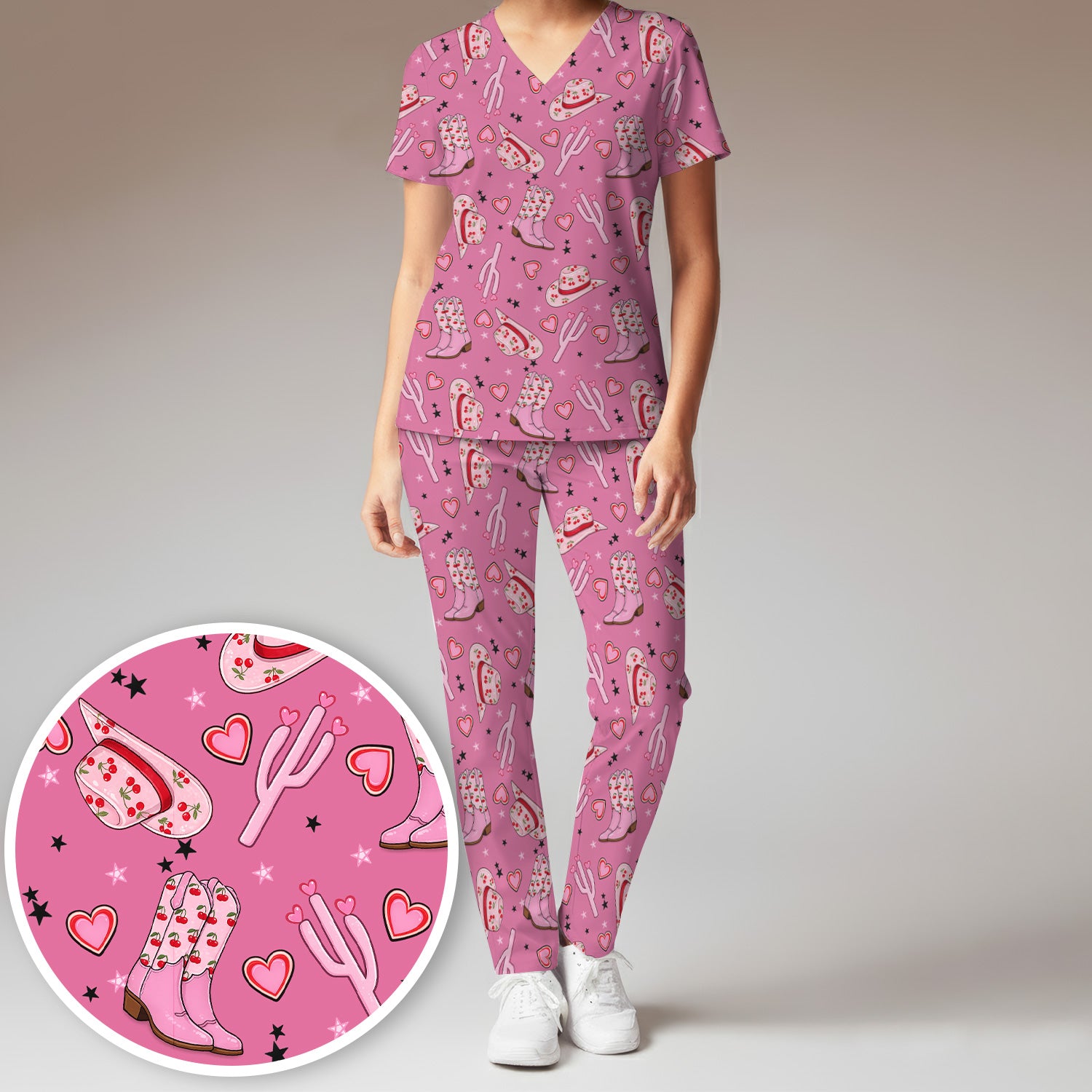 Pink Cowgirl Western Boots Hat Pattern Scrub Set, Scrub Pants and V Neck Top