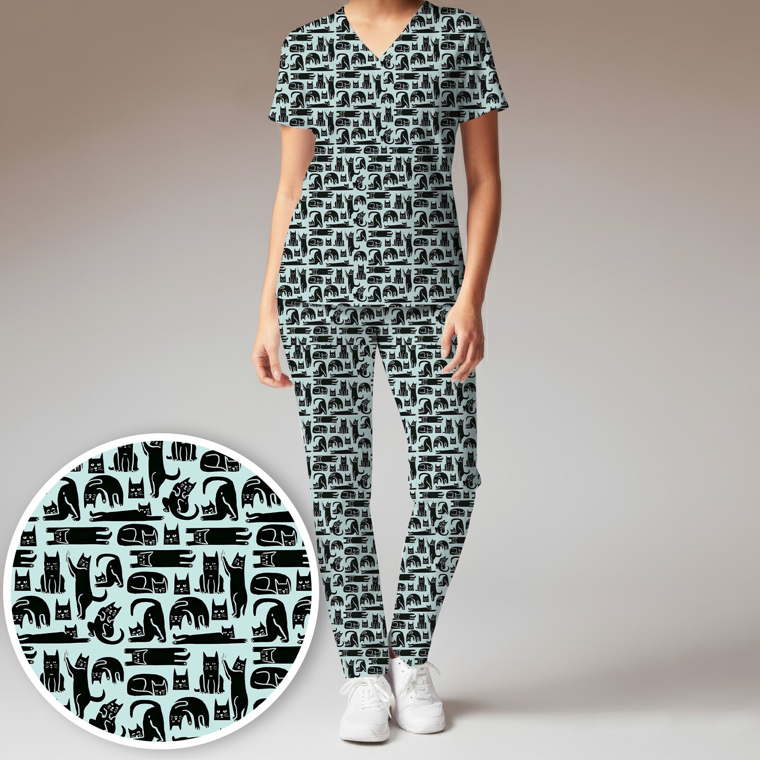 Cute Funny Cat Poses Print Scrub Sets, Scrub Pants and V Neck Top