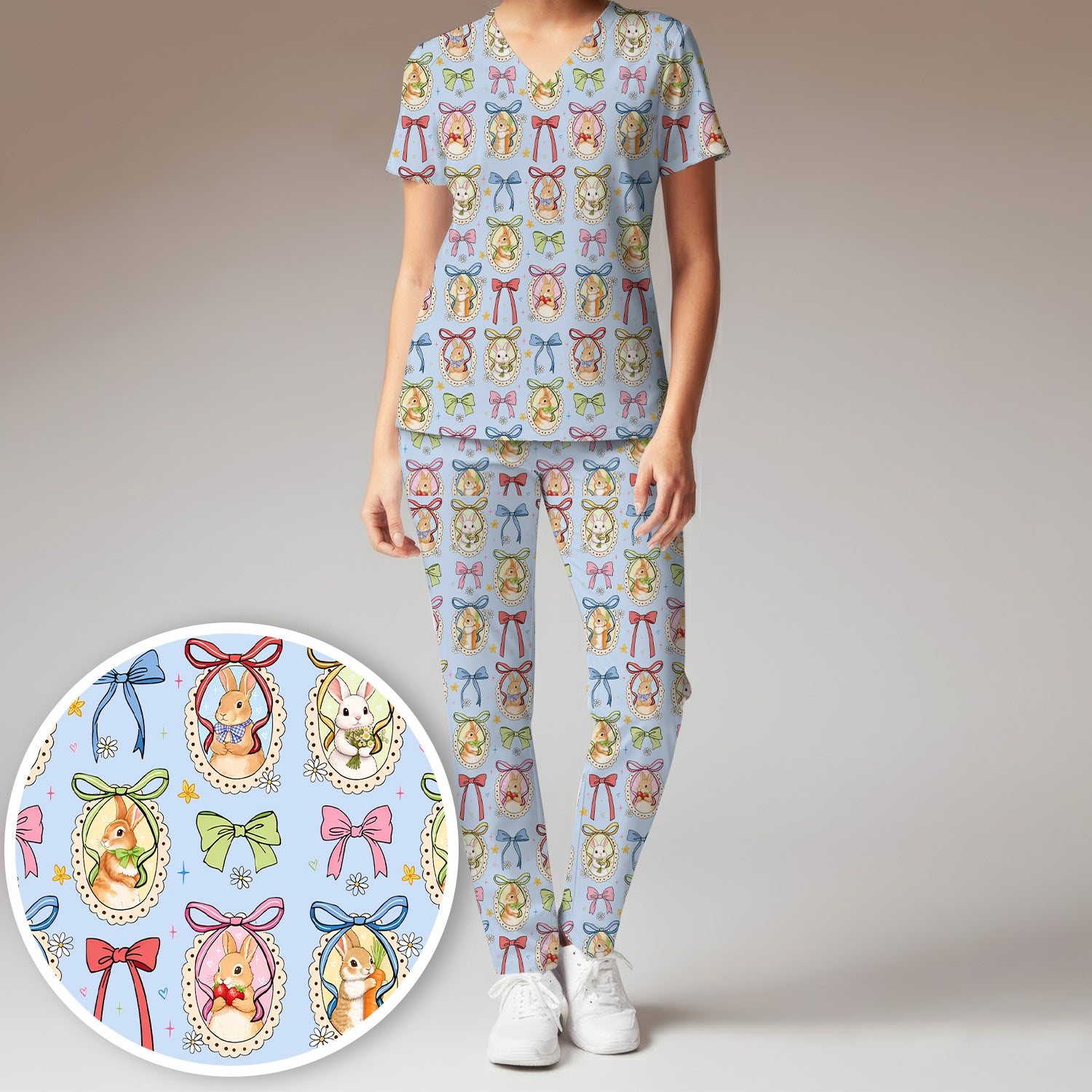 Cute Easter Bunny Cameo Colorful Bow Pattern Scrub Set, Breathable Med Uniform