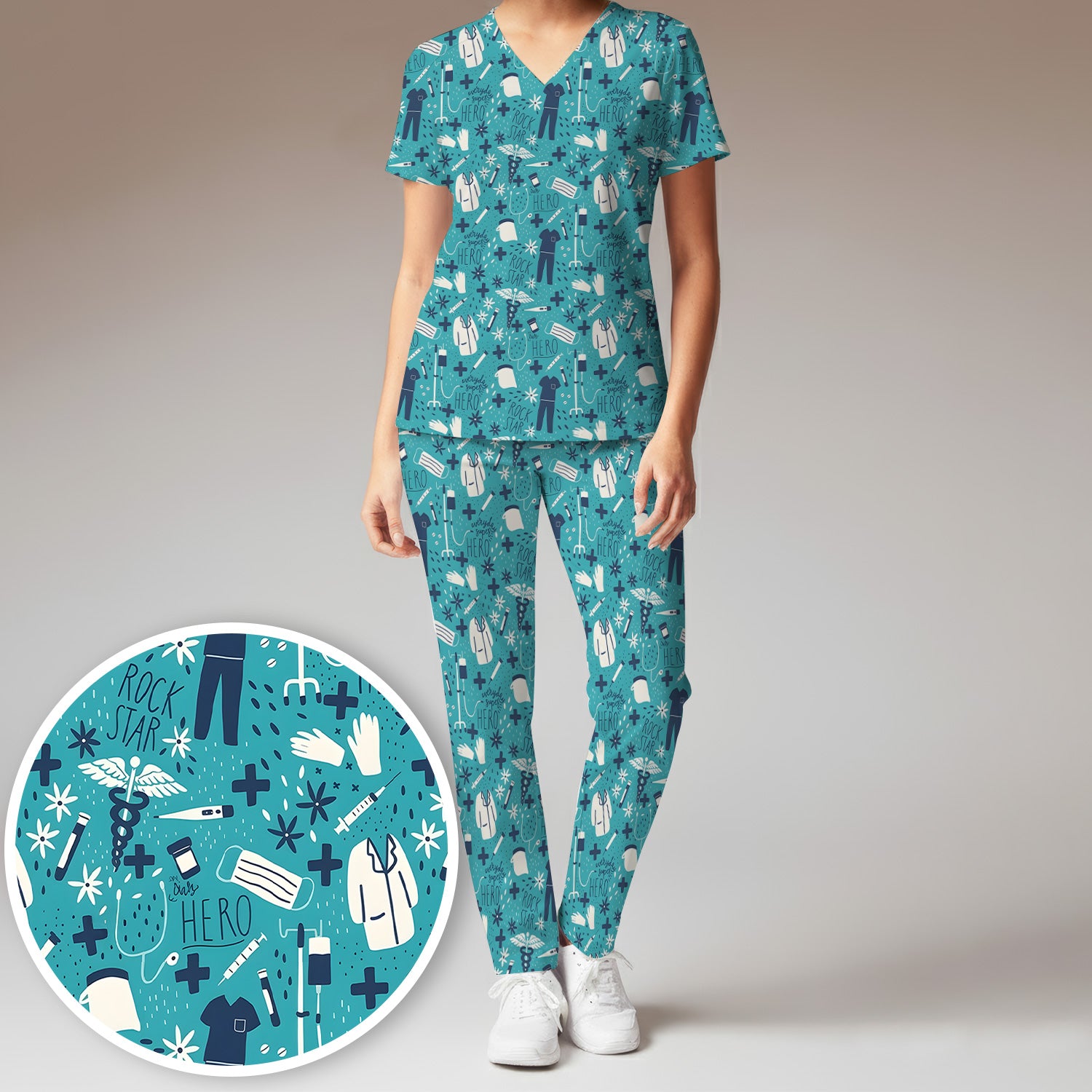 Inspirational Healthcare Hero Medical Tools Nurse Pattern Scrub Set, Scrub Pants and V Neck Top