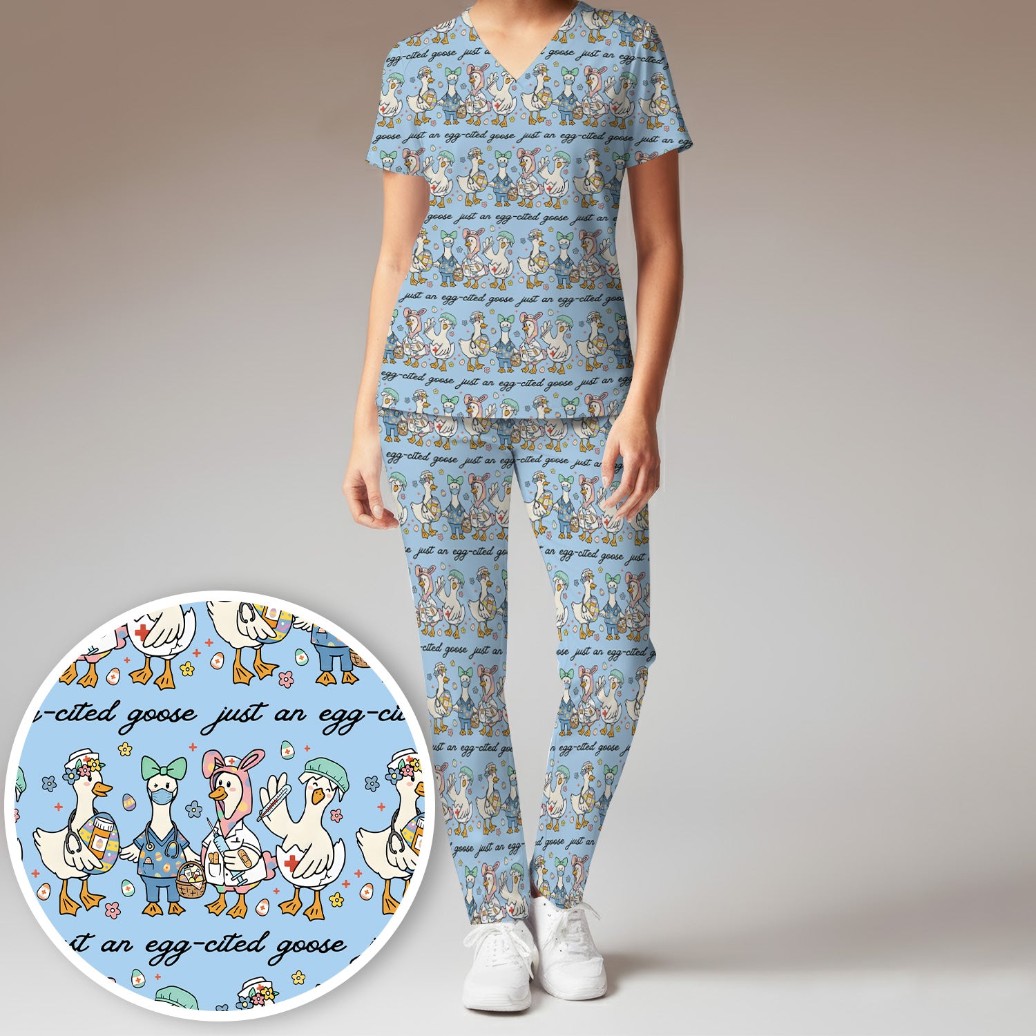 Funny Easter Nurse Goose Pattern Scrub Set, Scrub Pants and V Neck Top