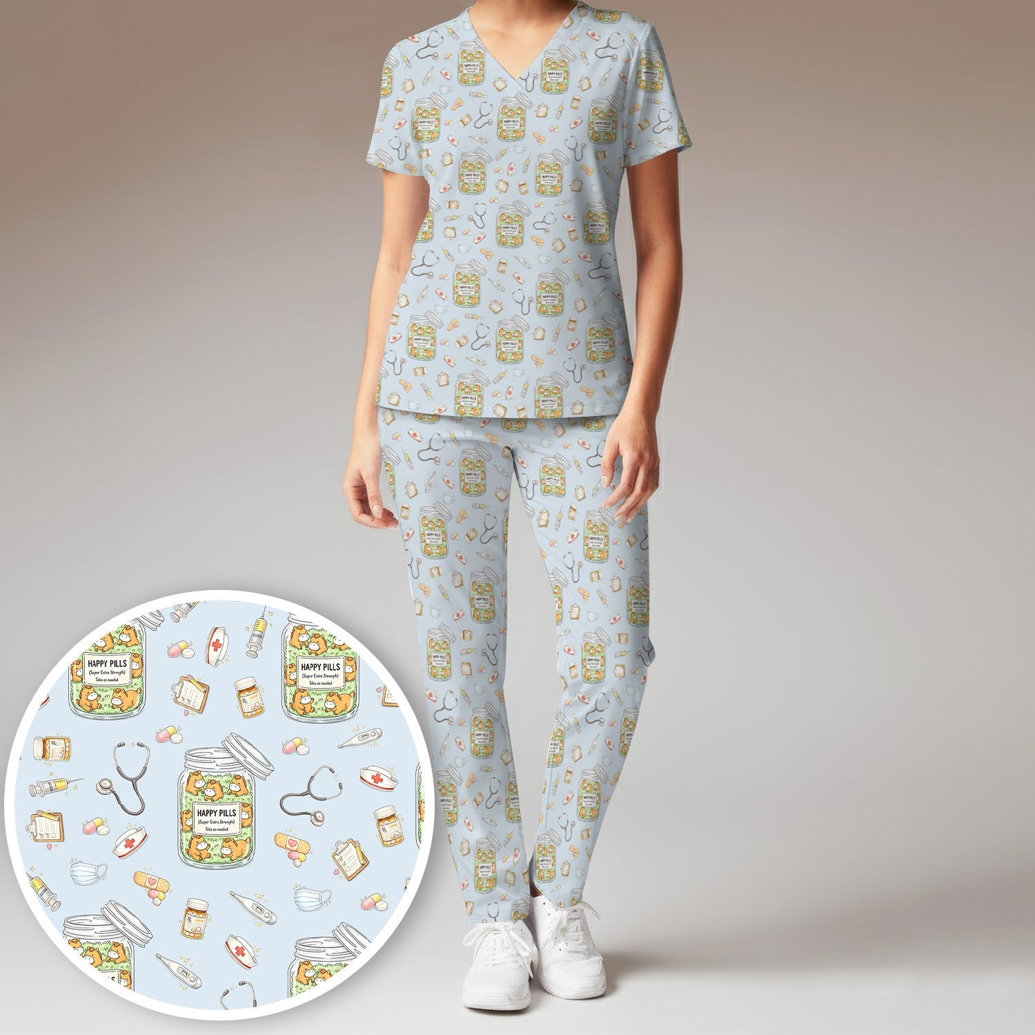 Happy Pills Horse Medical Print Women's Scrub Set, Scrub Pants and V-Neck Top