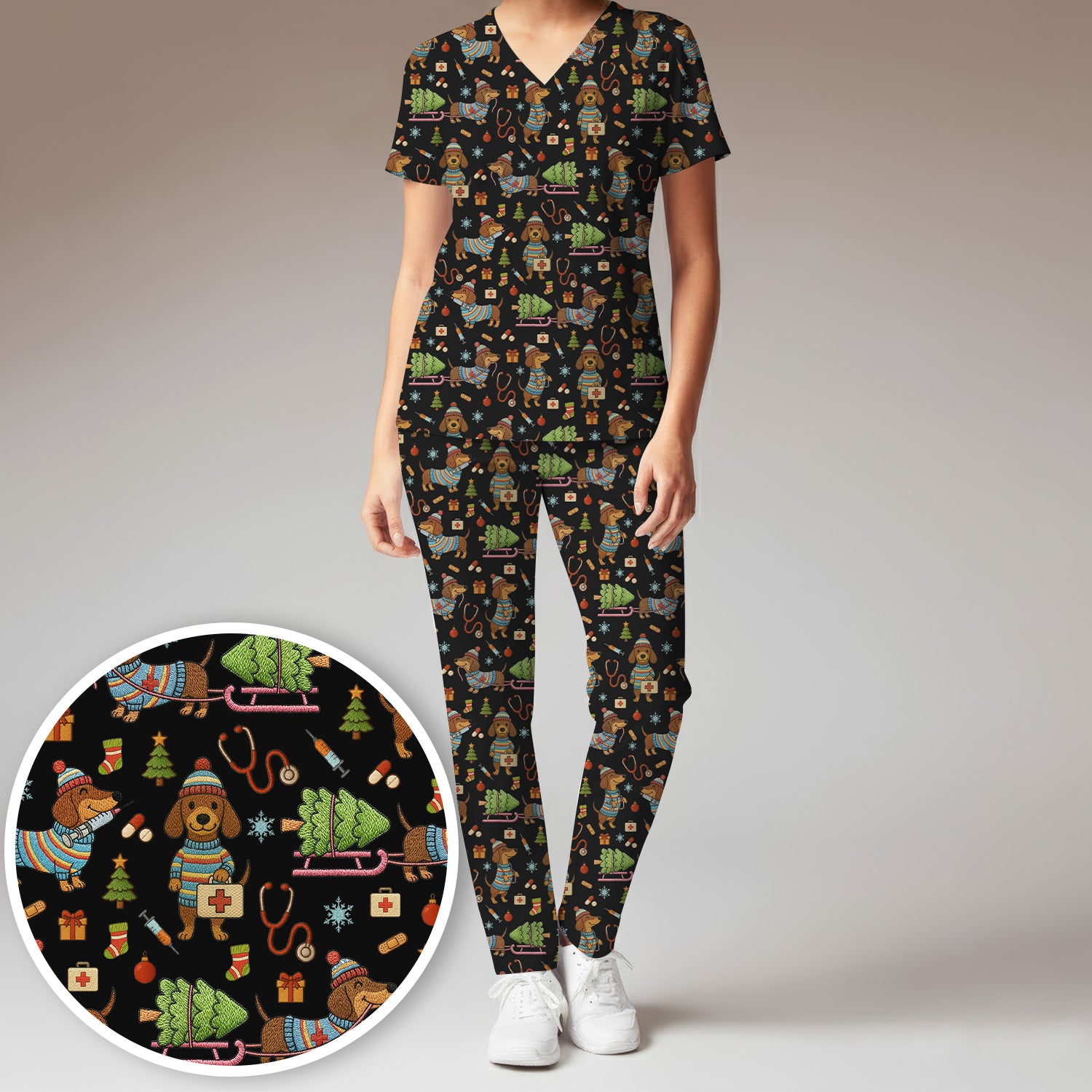 Dachshund Dog Scrub Set For Nurse, Funny Wiener Dog Lover Gift, Cute Dog 3D Knit Pattern Shirt