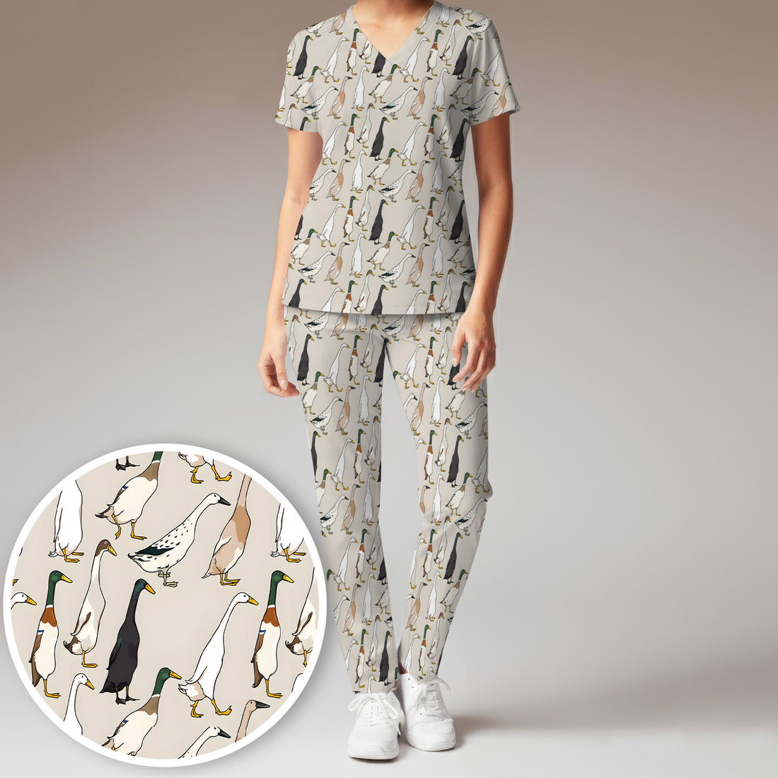 Duck Farm Animal Pattern Scrub Set, Scrub Pants and V Neck Top