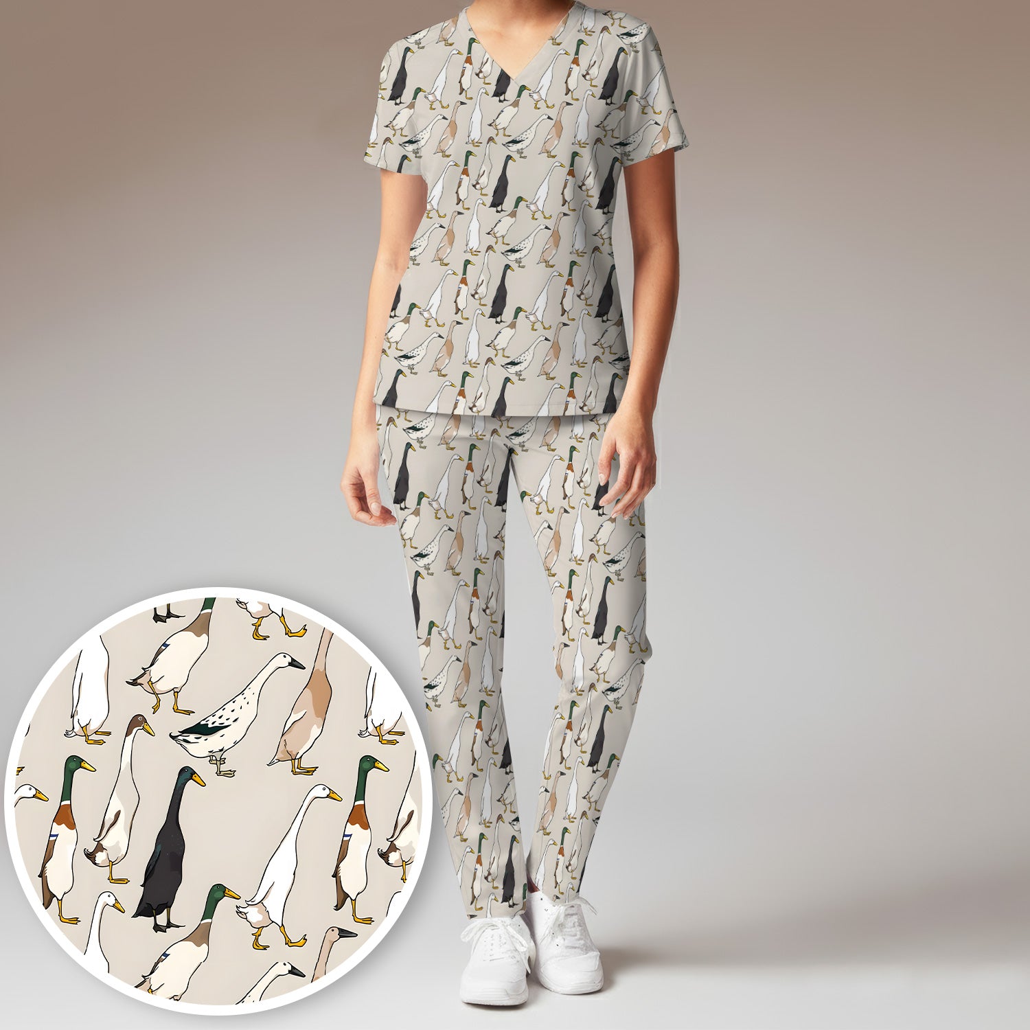 Duck Farm Animal Pattern Scrub Set, Scrub Pants and V Neck Top