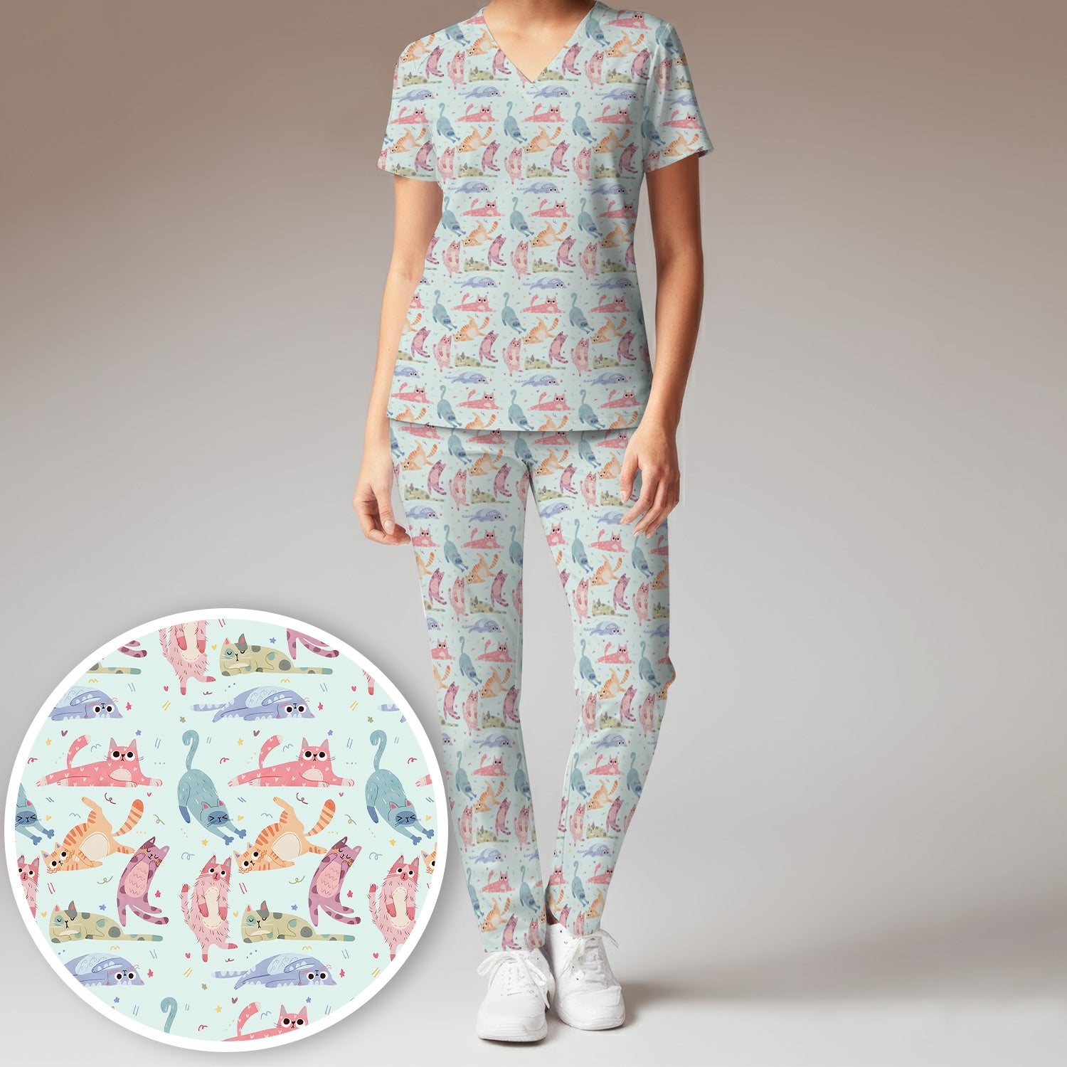 Funny Pastel Cat Pattern Medical Scrub Set, Breathable Fabrics Nursing Uniform