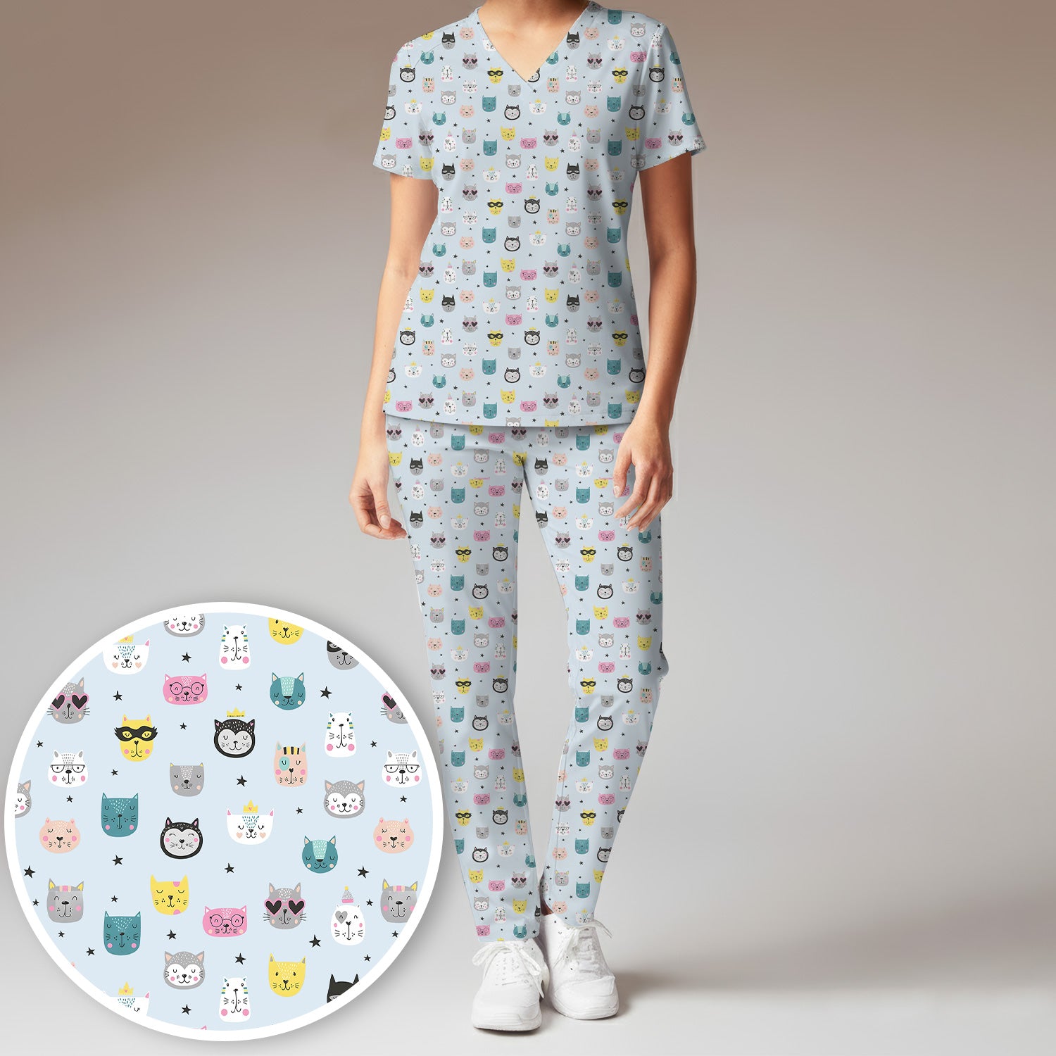 Cute Colorful Cat Pattern Women's Scrub Sets, Breathable Med Uniform