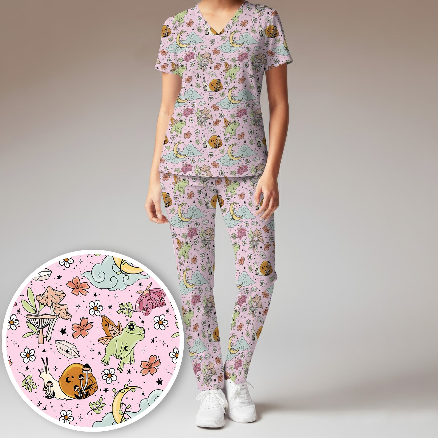 Whimsical Frog Moon Mushroom Pattern Scrub Set, Fantasy Nature Print, Breathable Med Uniform