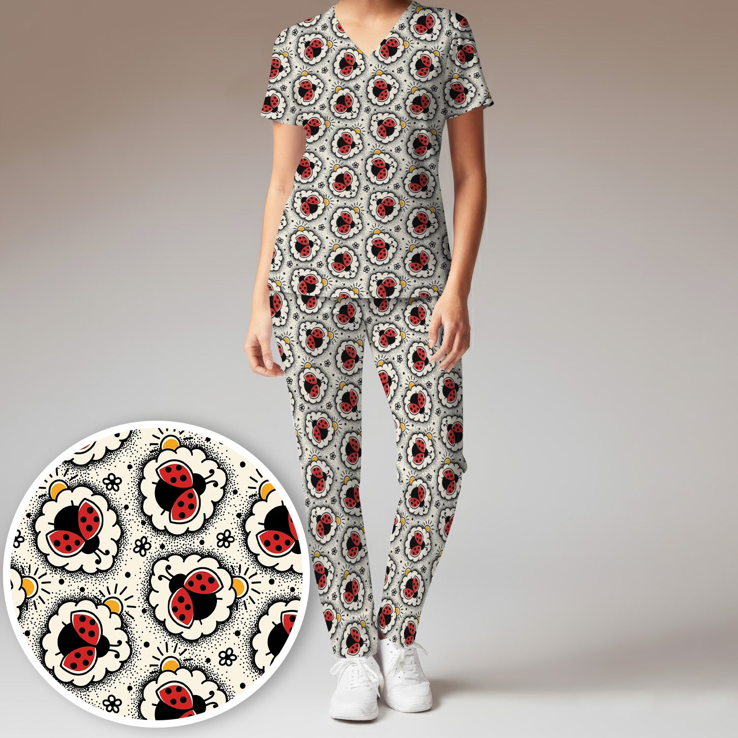 Cute Ladybug in Floral Frame Pattern Scrub Set, Breathable Med Uniform