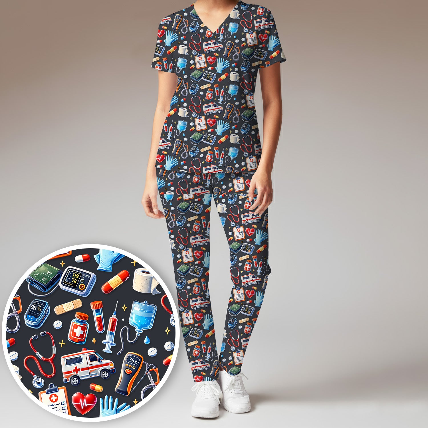 Medical Tools Pattern Ambulance Stethoscope Scrub Set, Scrub Pants and V Neck Top