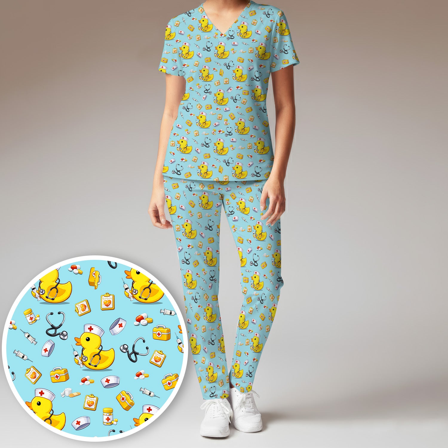 Playful Medical Duck Print Women's Scrub Set, Breathable Med Uniform