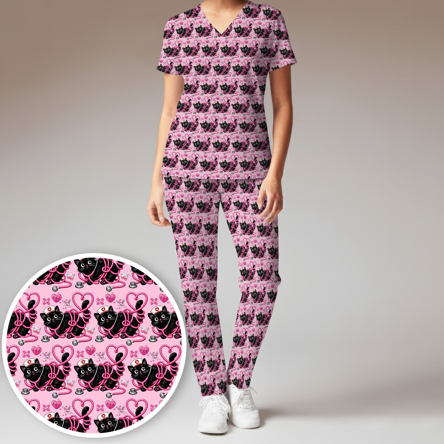 Valentine Cute Cat Nurse Heart Print Women's Scrub Set, Breathable Med Uniform