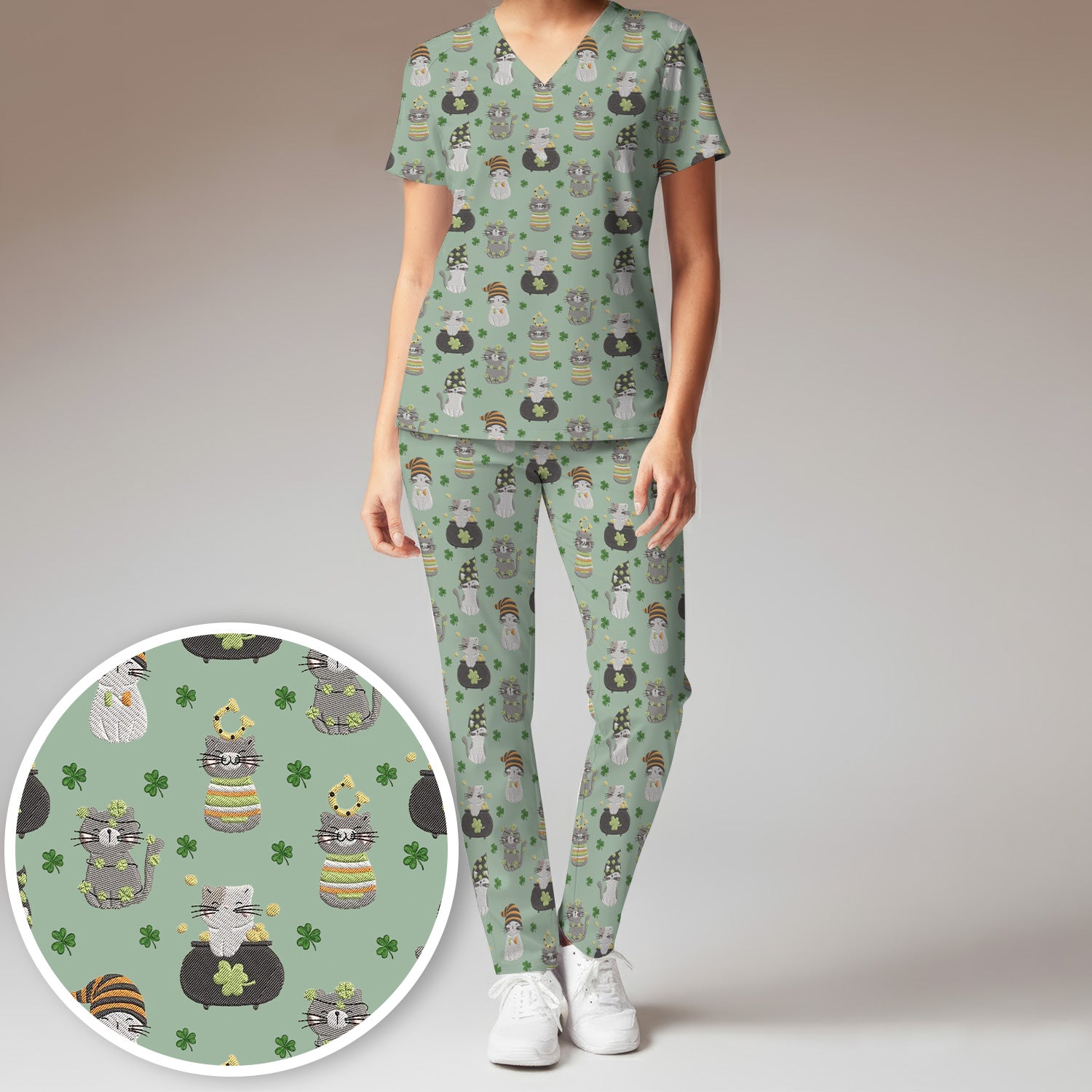 St. Patrick’s Day Scrub Set, Lucky Cat With Shamrock Pattern Shirt, Breathable Fabrics Nursing Uniform