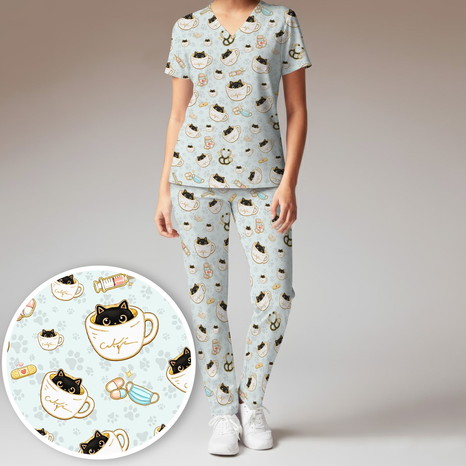 Cute Coffee Cat Medical Print Scrub Set, Scrub Pants and V Neck Top