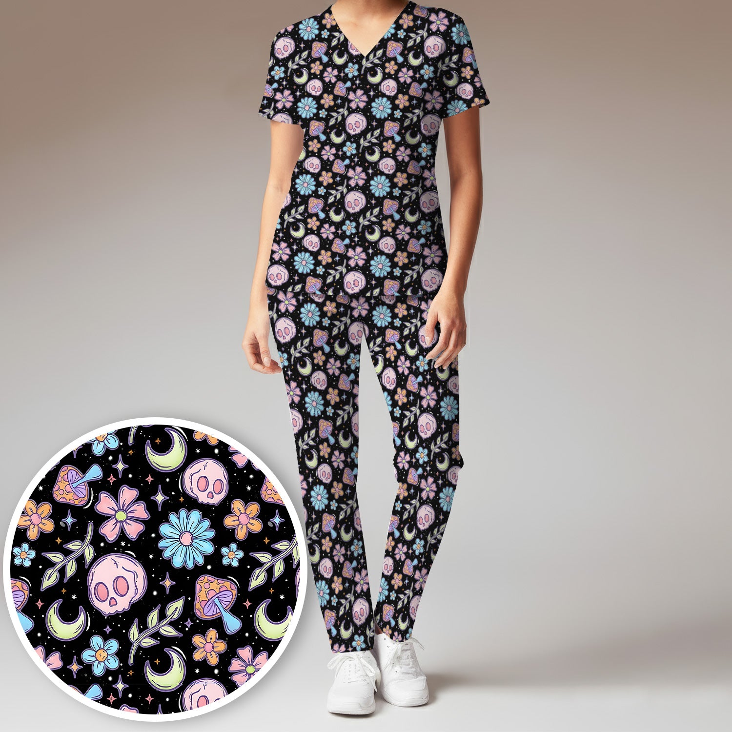 Neon Skull Mushroom Floral Scrub Set, Colorful Gothic Scrub Pants and V Neck Top