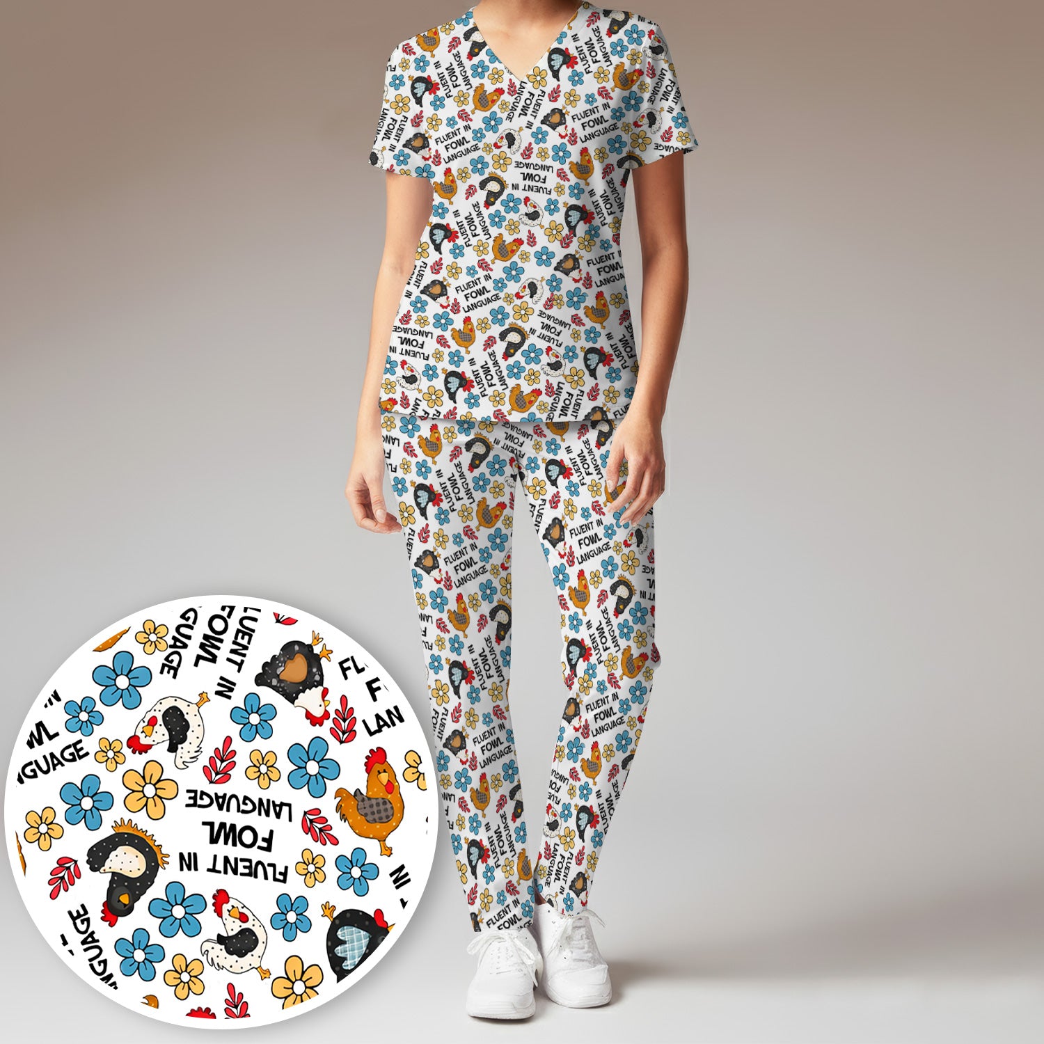 Funny Chicken Fluent in Fowl Language Pattern Scrub Set, Scrub Pants and V Neck Top