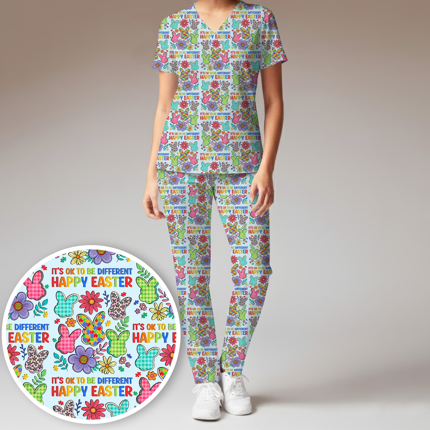 Happy Easter Bunny Floral Print Scrub Set, Breathable Med Uniform