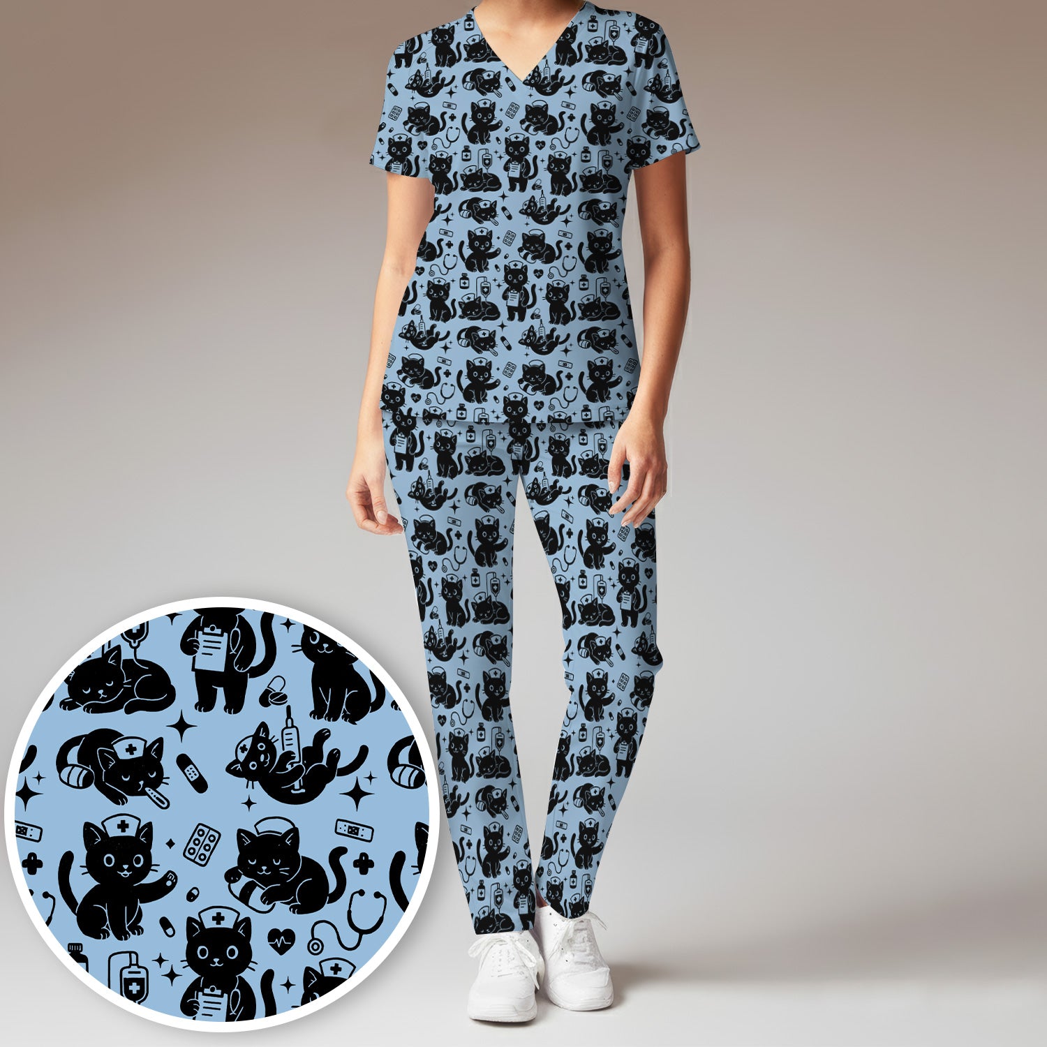 Cute Black Cat Nurse Pattern Scrub Set, Breathable Med Uniform