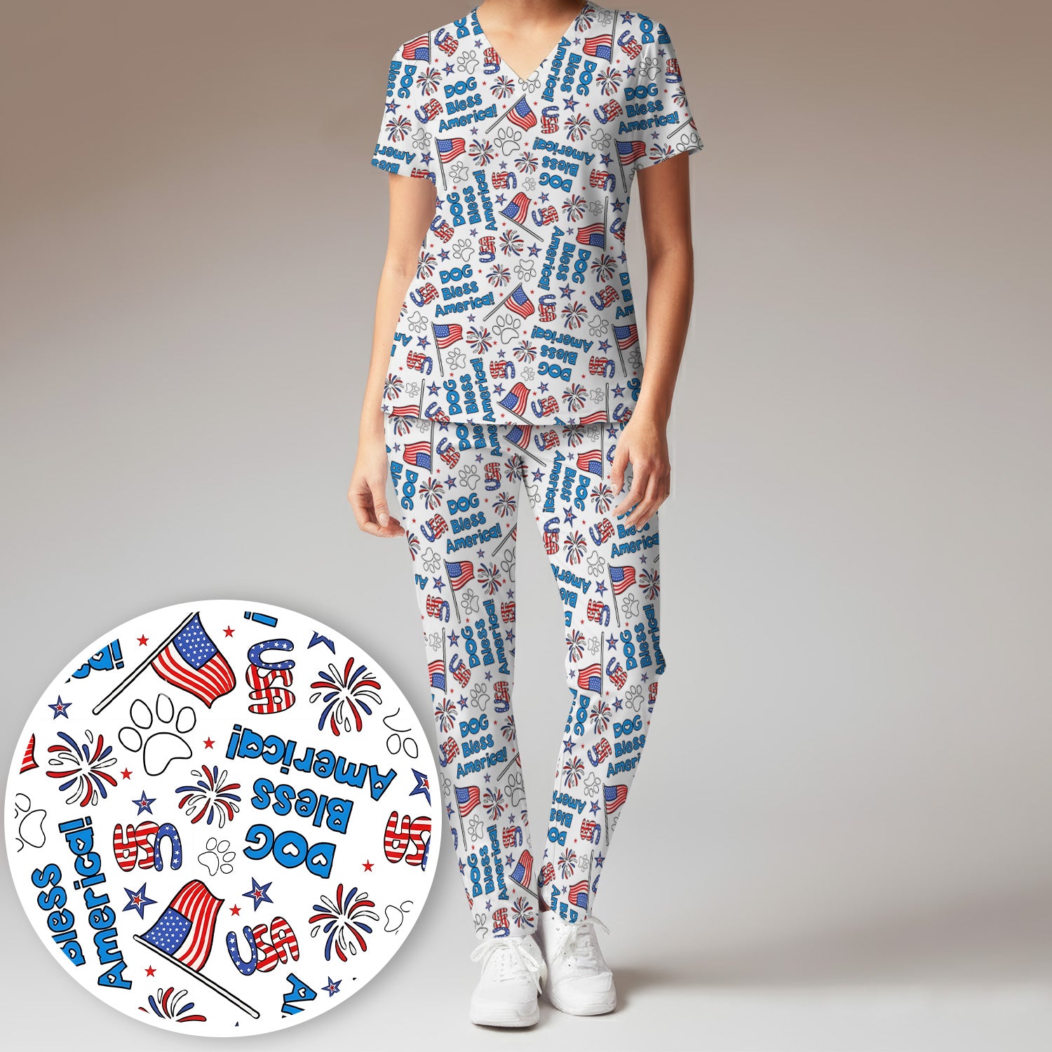 Funny Patriotic Dog Bless America Flag Pattern Scrub Set, Scrub Pants and V Neck Top