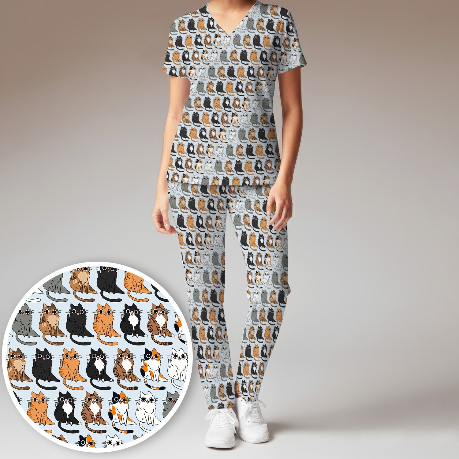 Cute Cartoon Cat Pattern Women's Scrub Set, Scrub Pants and V Neck Top