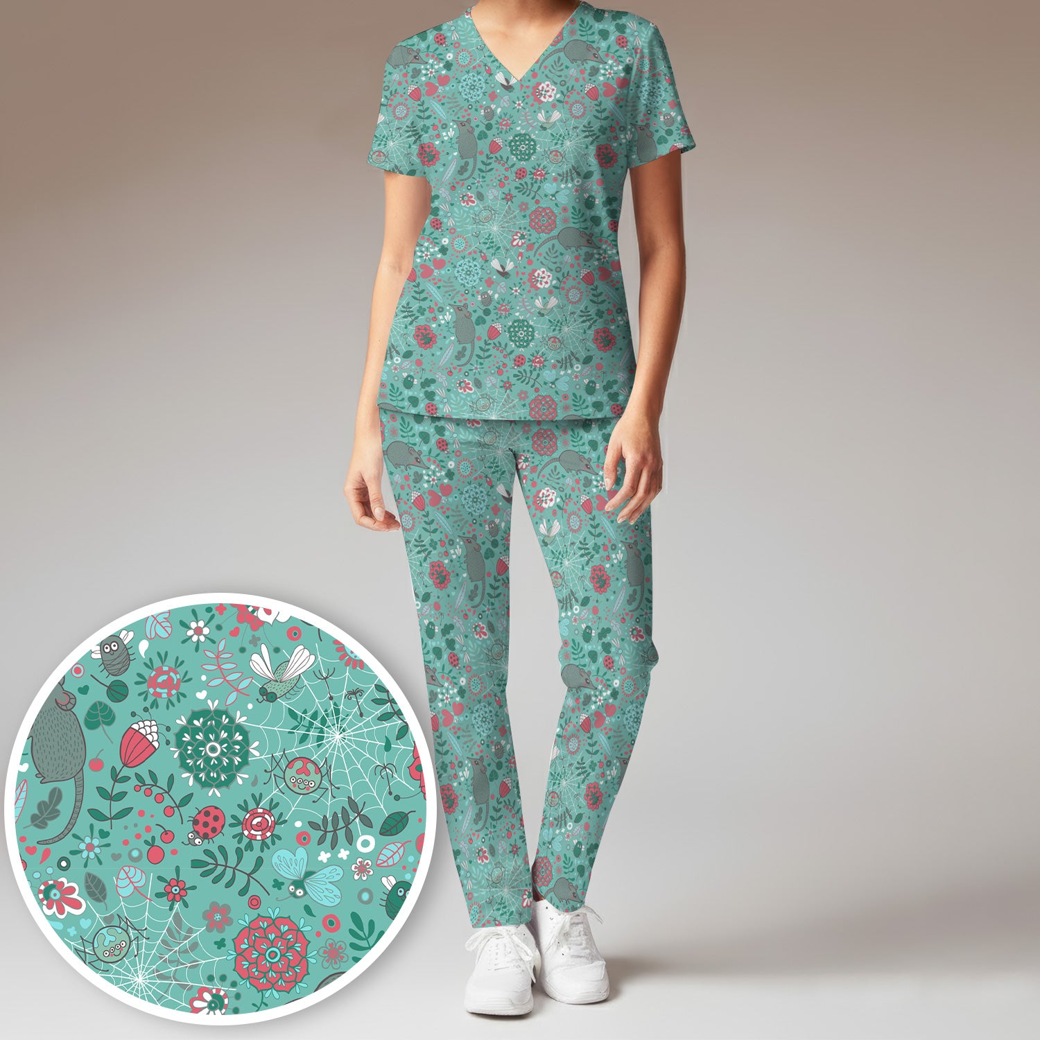 Woodland Mouse Floral Pattern Scrub Set, Breathable Med Uniform