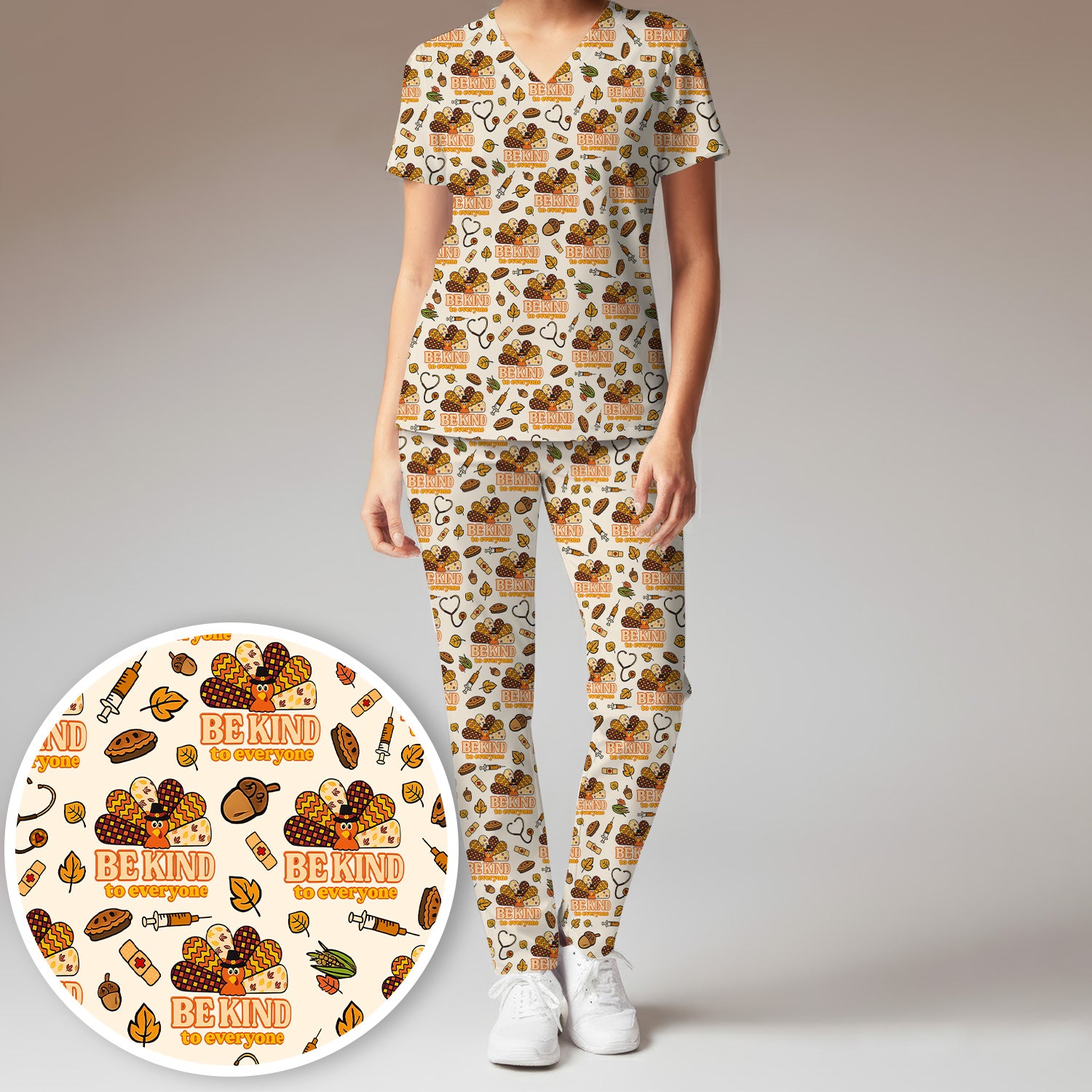Thanksgiving Be Kind Scrub Set – Fall Nurse Shirt with Heart and Leaf Pattern – Cute Autumn Medical Uniform for Healthcare Staff