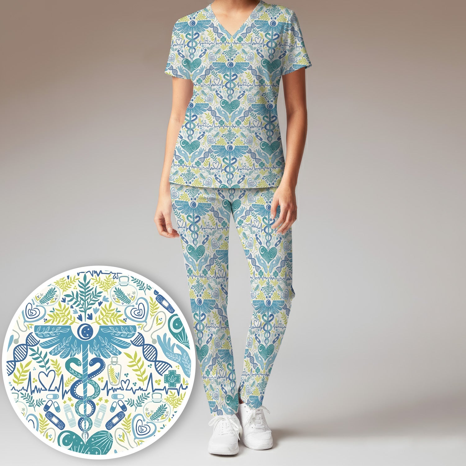Inspirational Botanical Medical Caduceus Heart Nurse Pattern Scrub Set, Breathable Med Uniform
