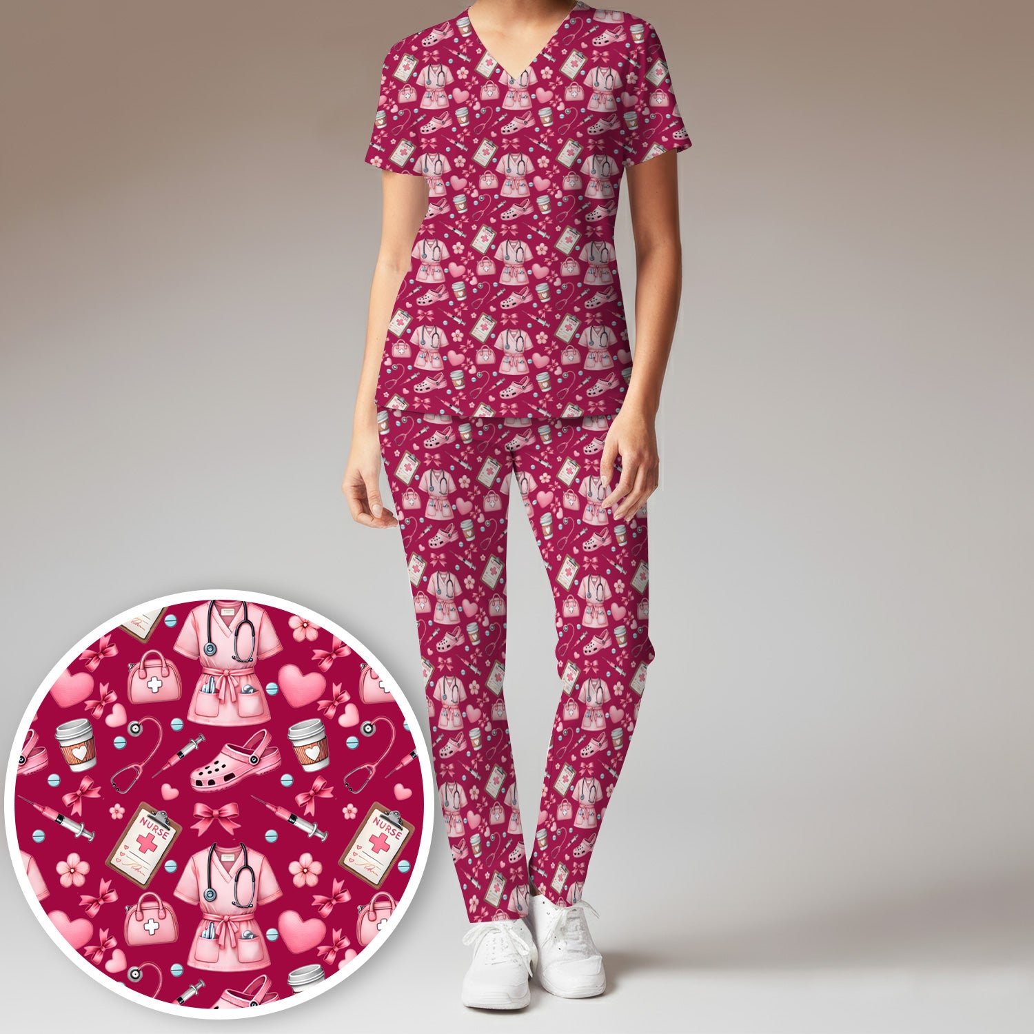 Valentine Pink Nurse Icons Print Women's Scrub Set, Breathable Med Uniform