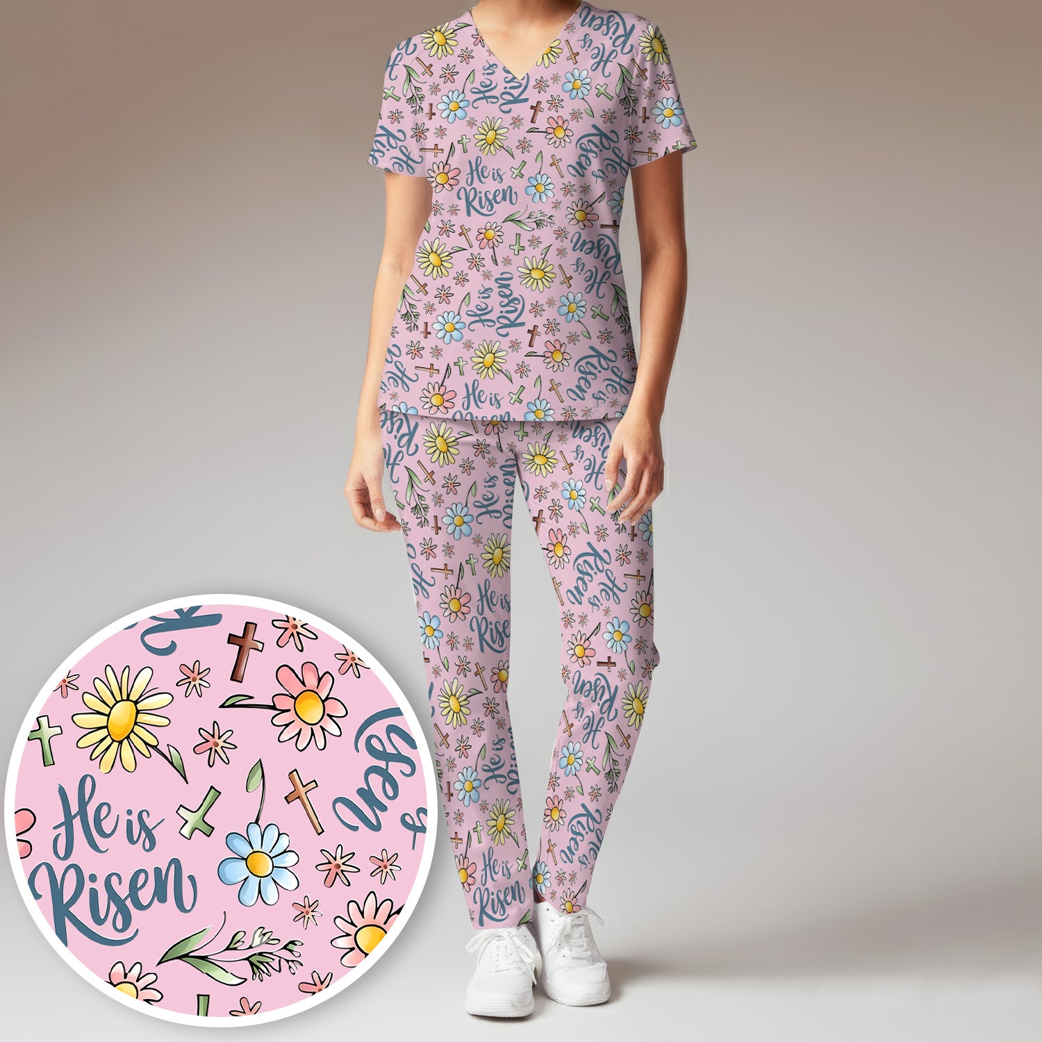 He Is Risen Cross Flower Pattern Scrub Set, Nurse Uniform Scrubs Set