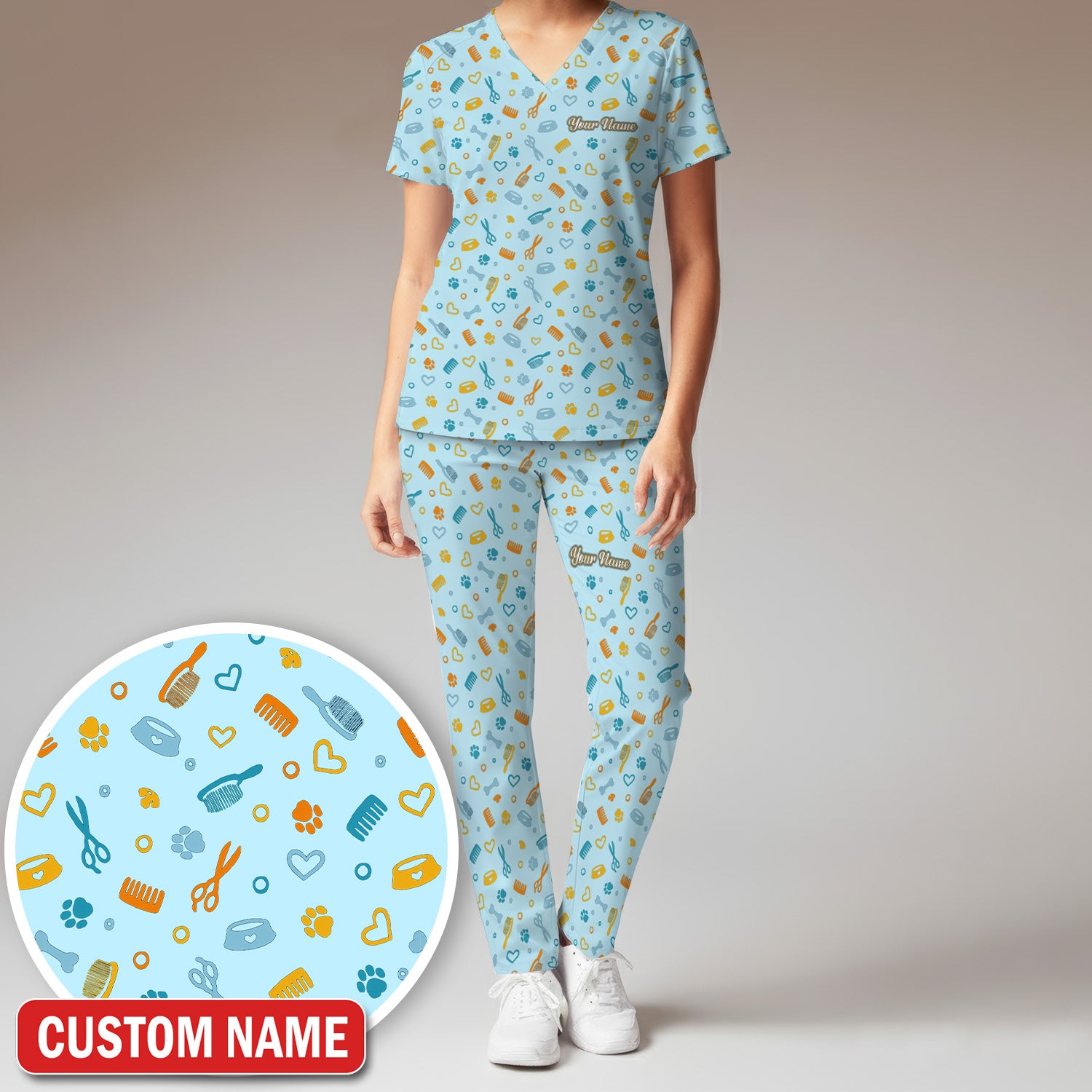 Custom Name Dog Cat Grooming Pattern Scrub Set, Scrub Pants and V Neck Top