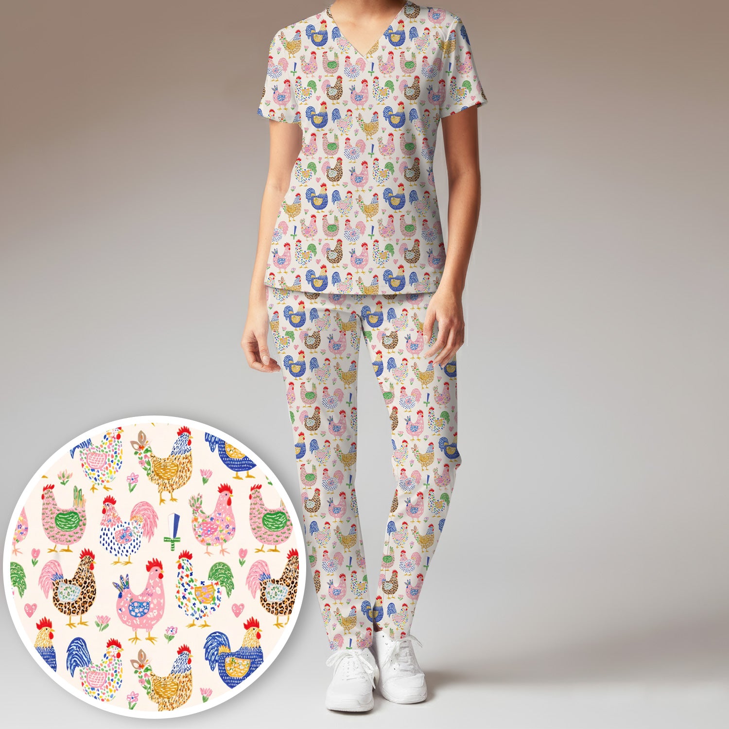 Colorful Chicken Farm Pattern Scrub Set, Scrub Pants and V Neck Top