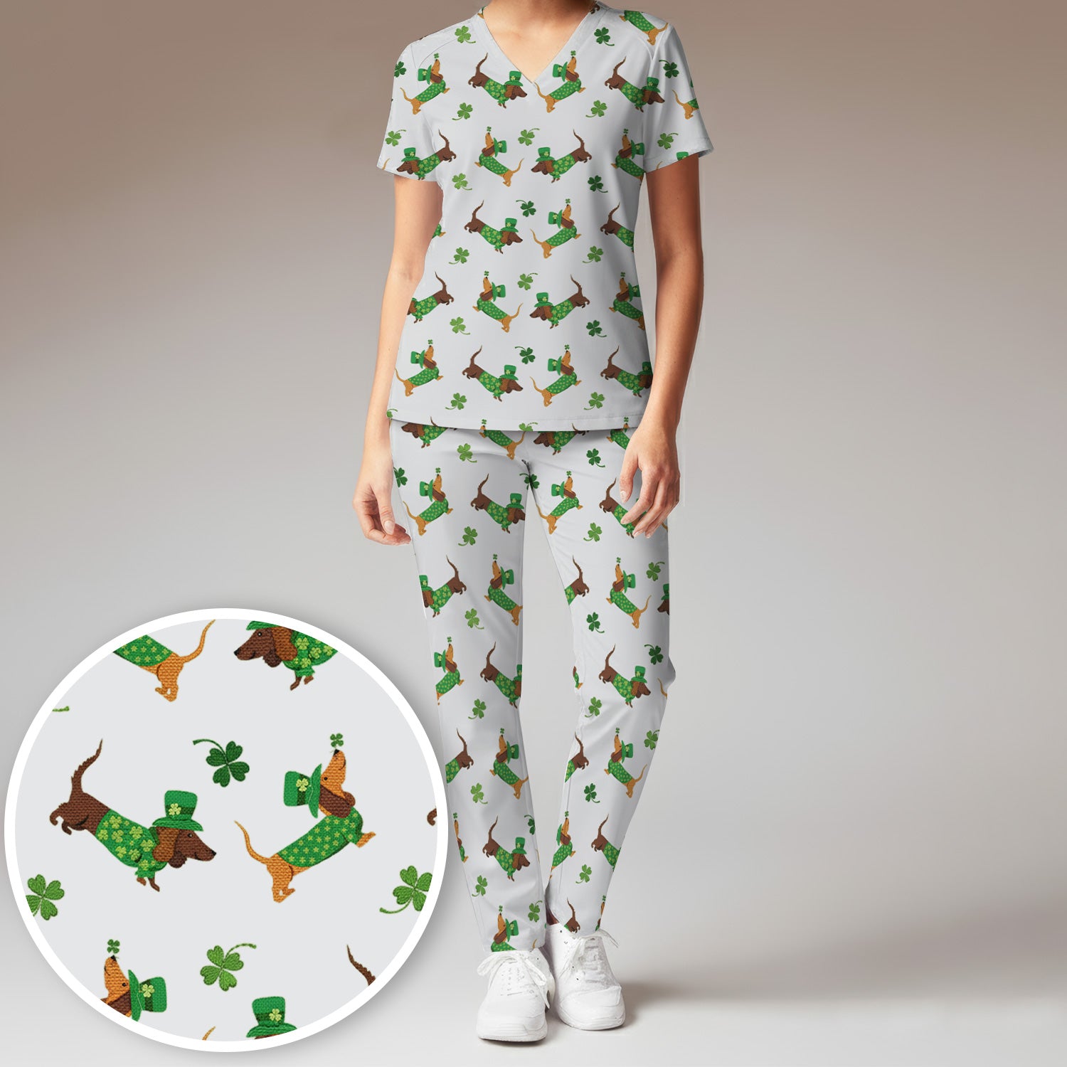 St. Patrick’s Day Dachshund Scrub Set, Funny Wiener Dog Nurse Shirt, Breathable Fabrics Nursing Uniform