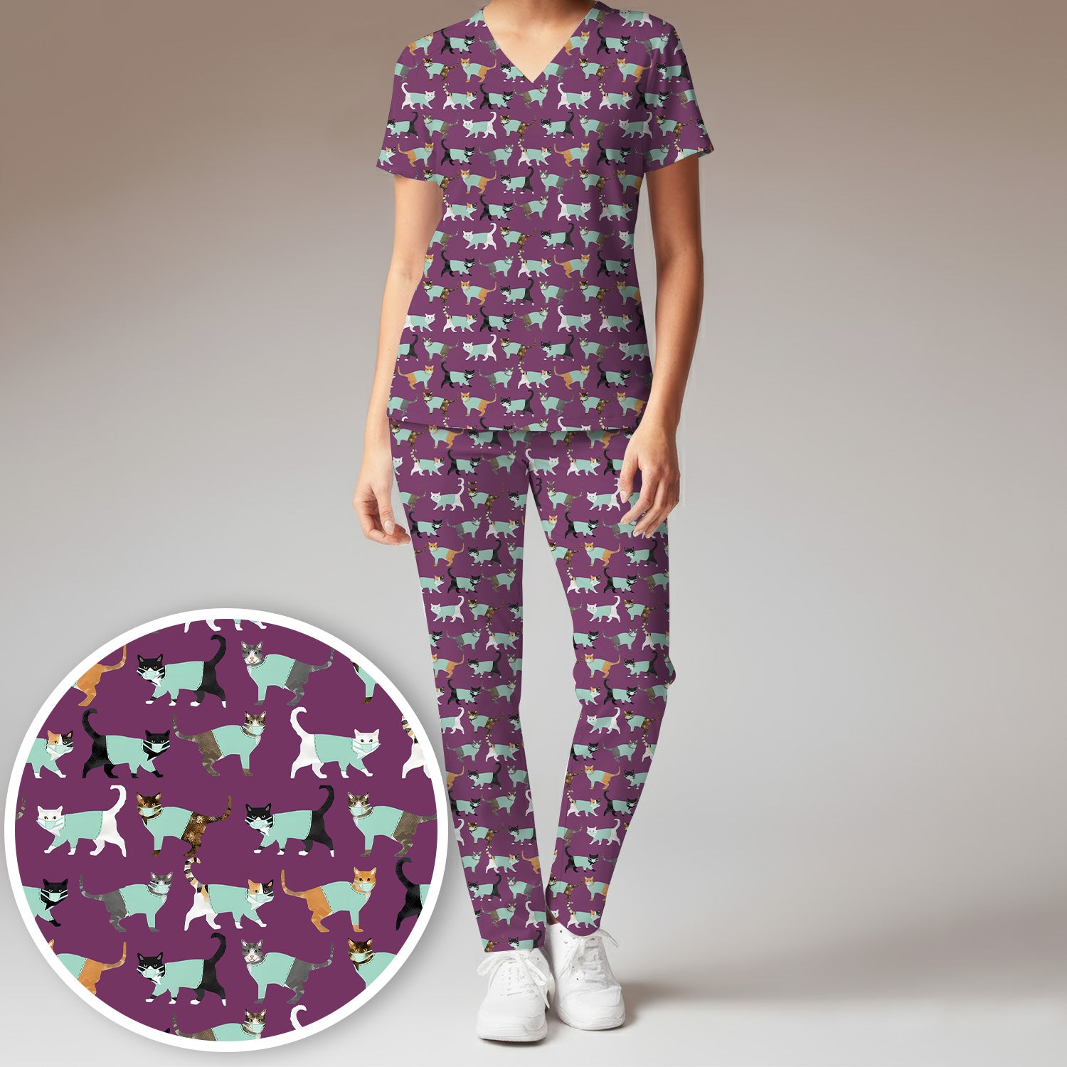 Playful Cat Nurse All Over Print Scrub Set, Scrub Pants and V Neck Top