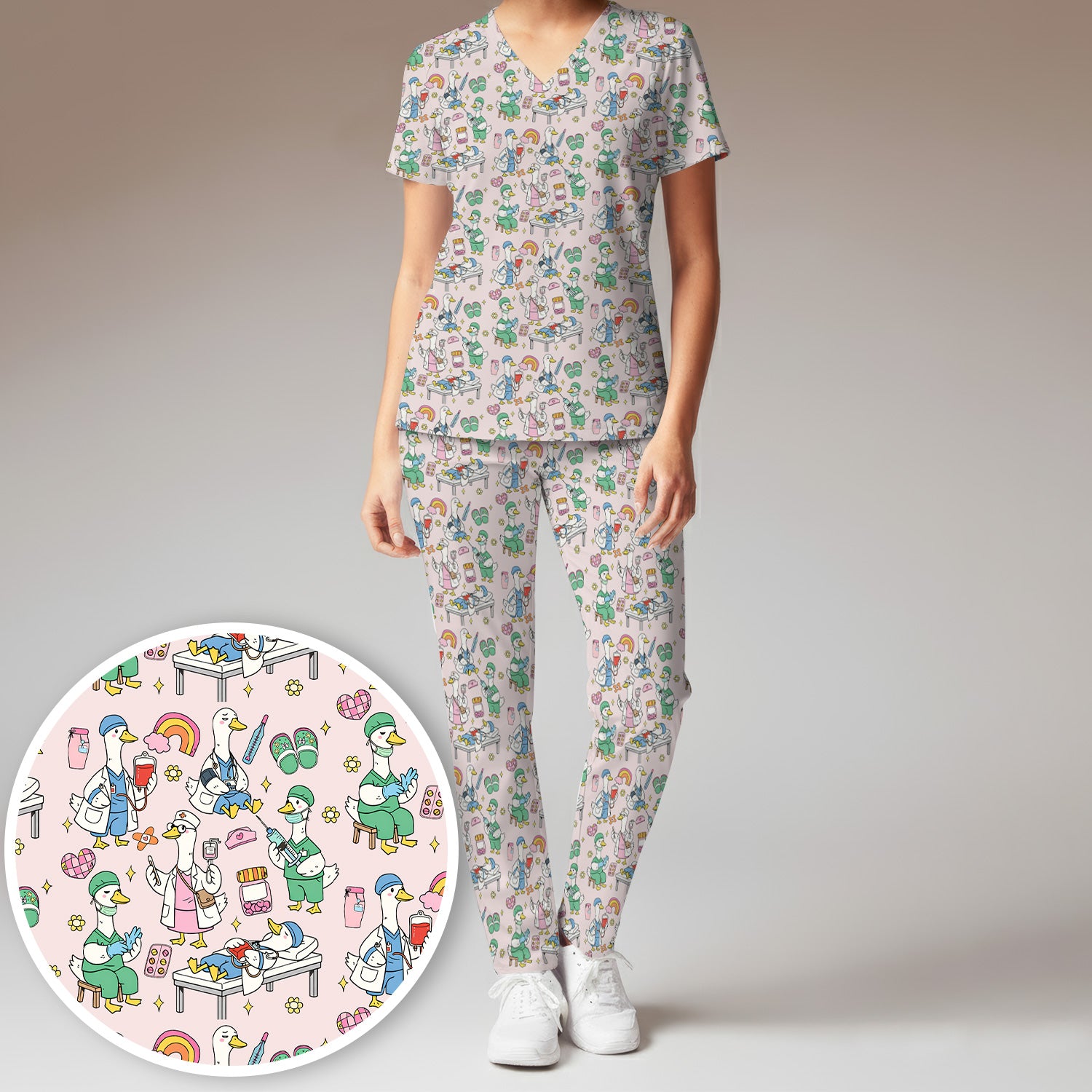 Funny Nurse Duck Medical Doodle Pattern Scrub Set, Scrub Pants and V Neck Top