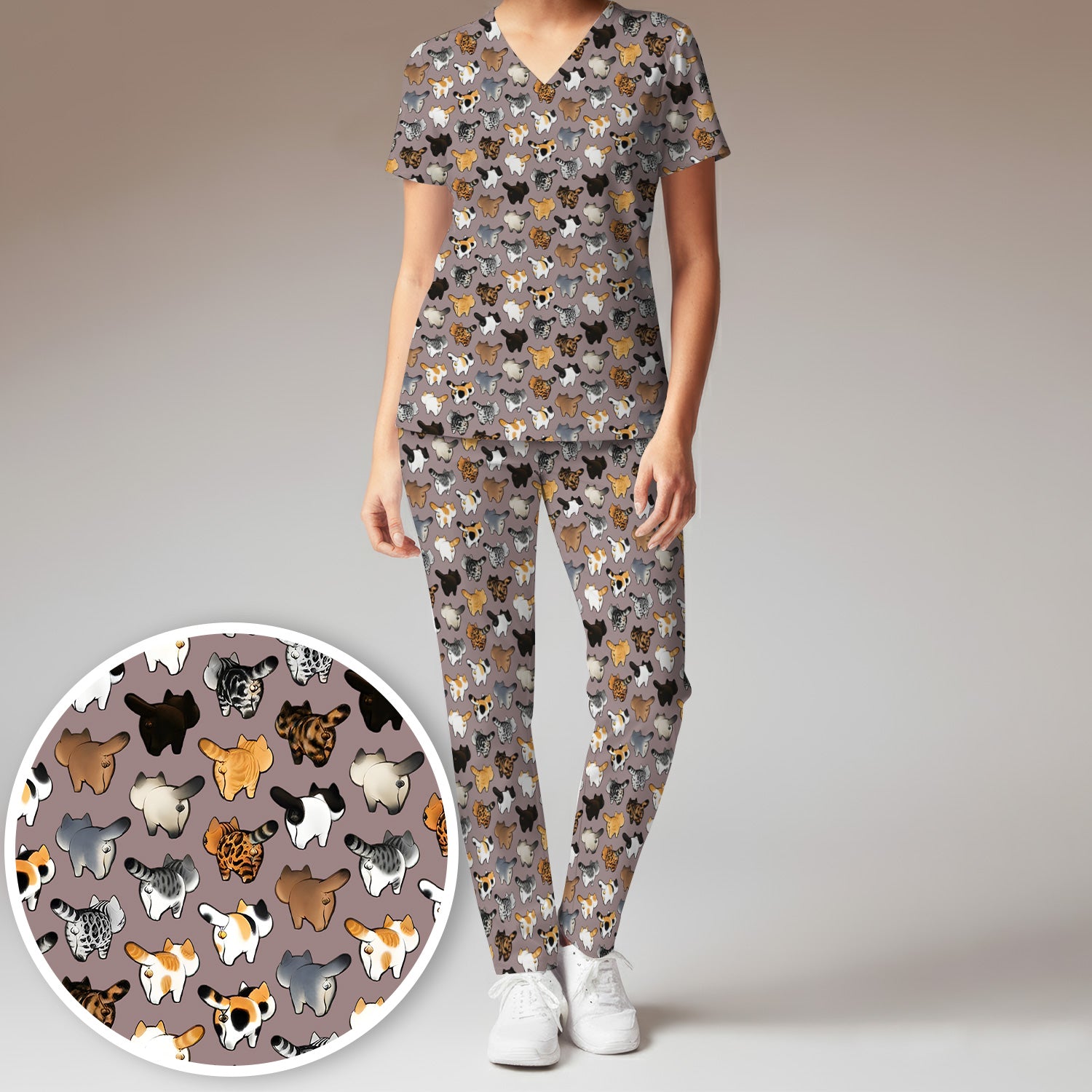 Cat Butt Pattern Medical Scrub Set, Breathable Fabrics Nursing Uniform