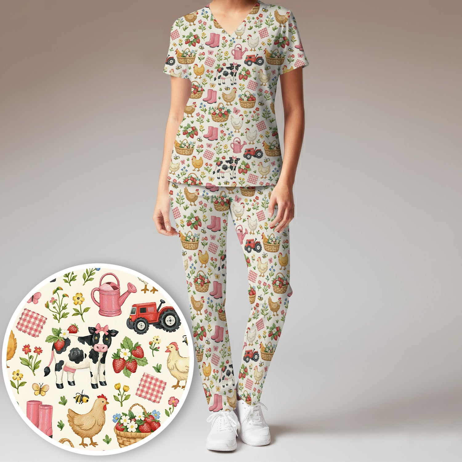 Whimsical Farm Animals Garden Pattern Scrub Top, Comfortable Scrubs for Nurses