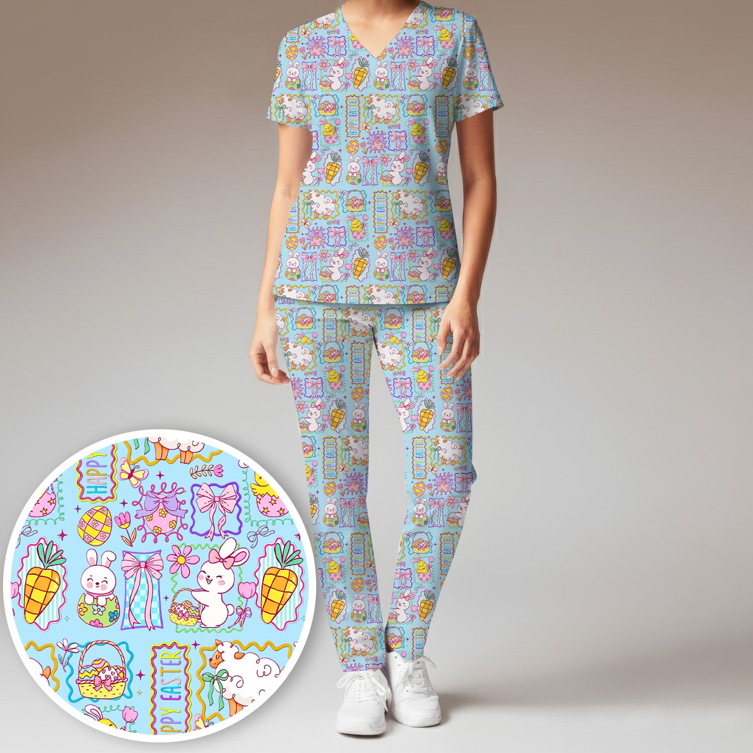 Cute Easter Bunny Egg and Bow Print Scrub Set, Scrub Pants and V Neck Top