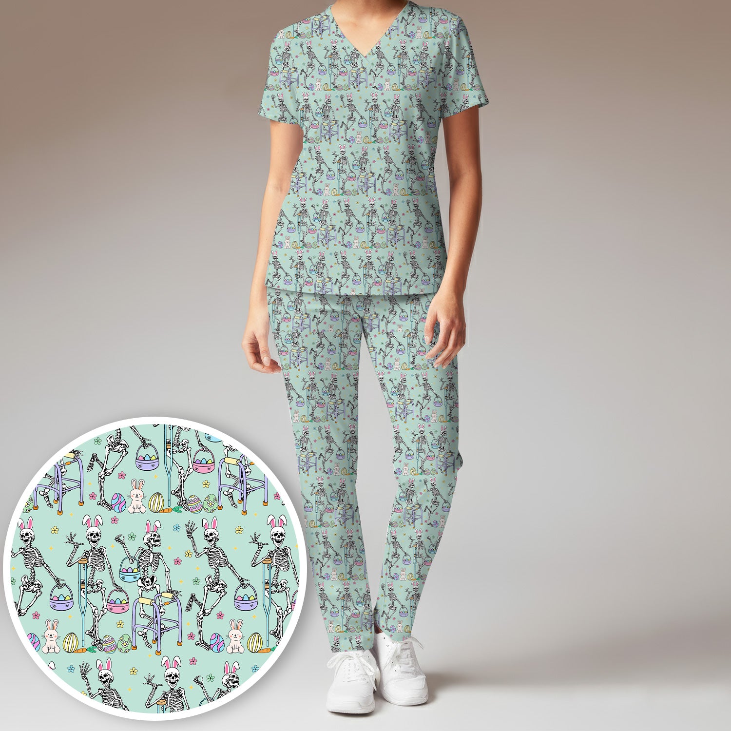 Fun Skeleton Bunny Easter Print Scrub Set, Scrub Pants and V Neck Top