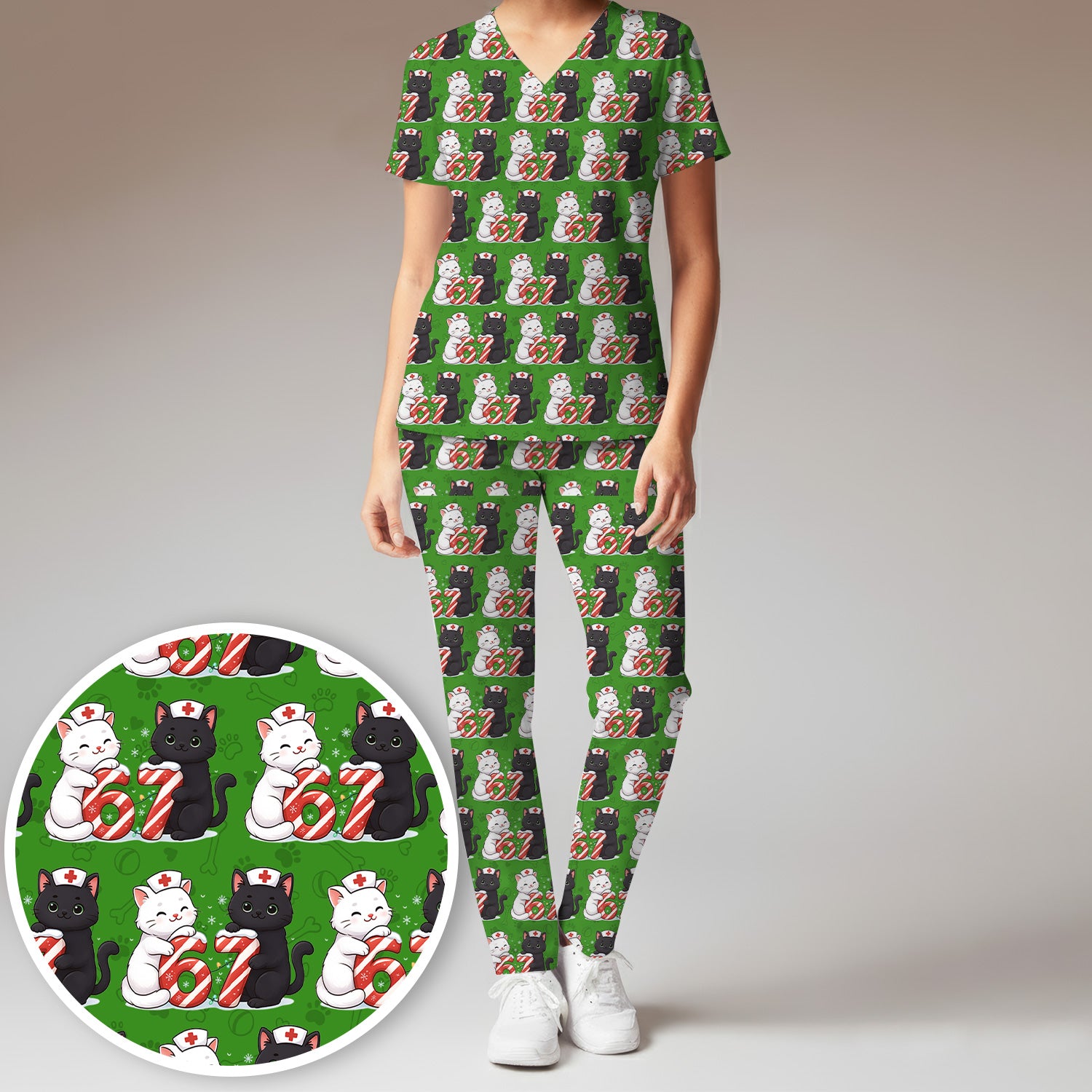 Xmas Cat Pattern Scrub Set, Christmas Nurse Six Seven With Cat Scrub Shirt, Breathable Fabrics Nursing Uniform