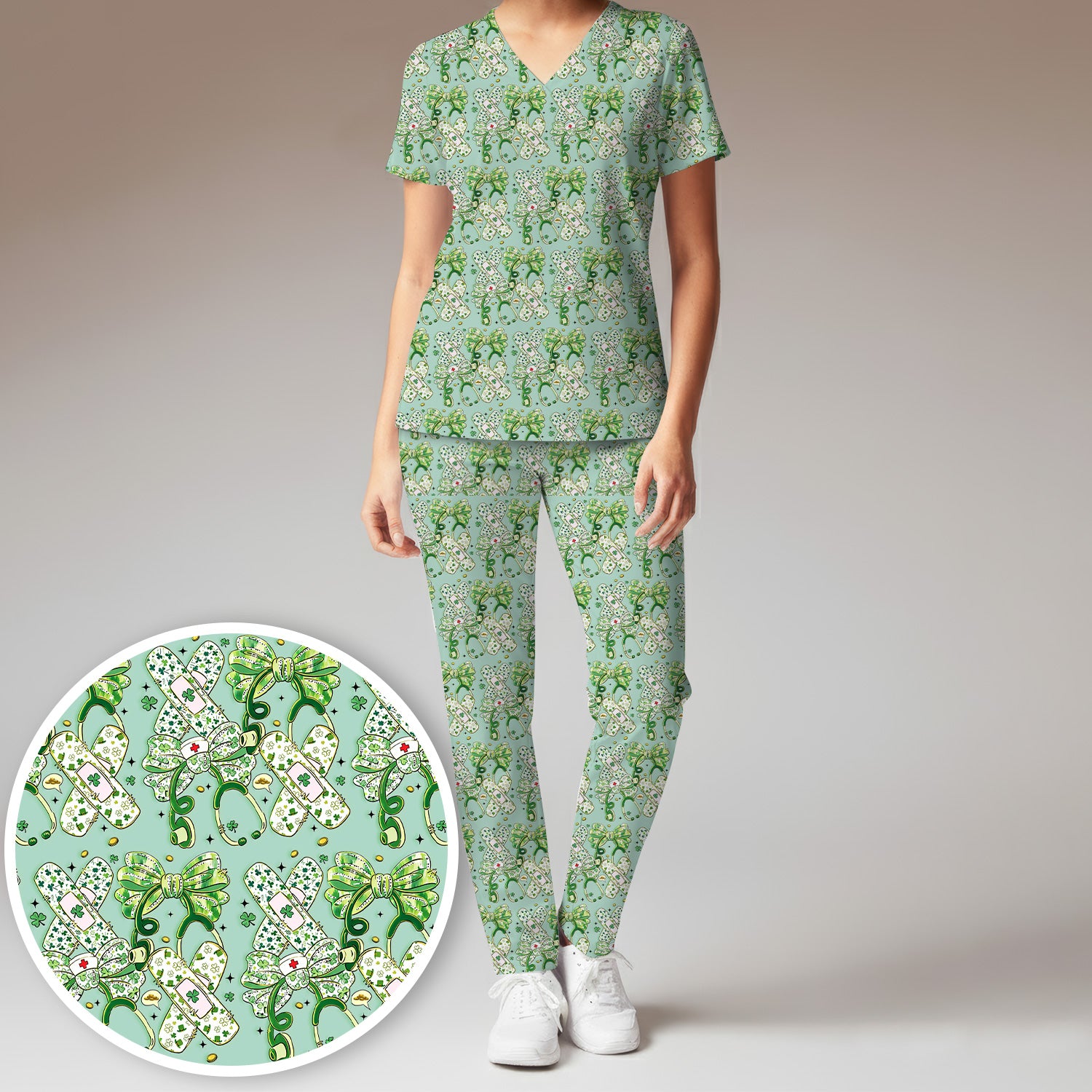 St Patrick Shamrock Stethoscope Bow Print Scrub Set, Breathable Med Uniform